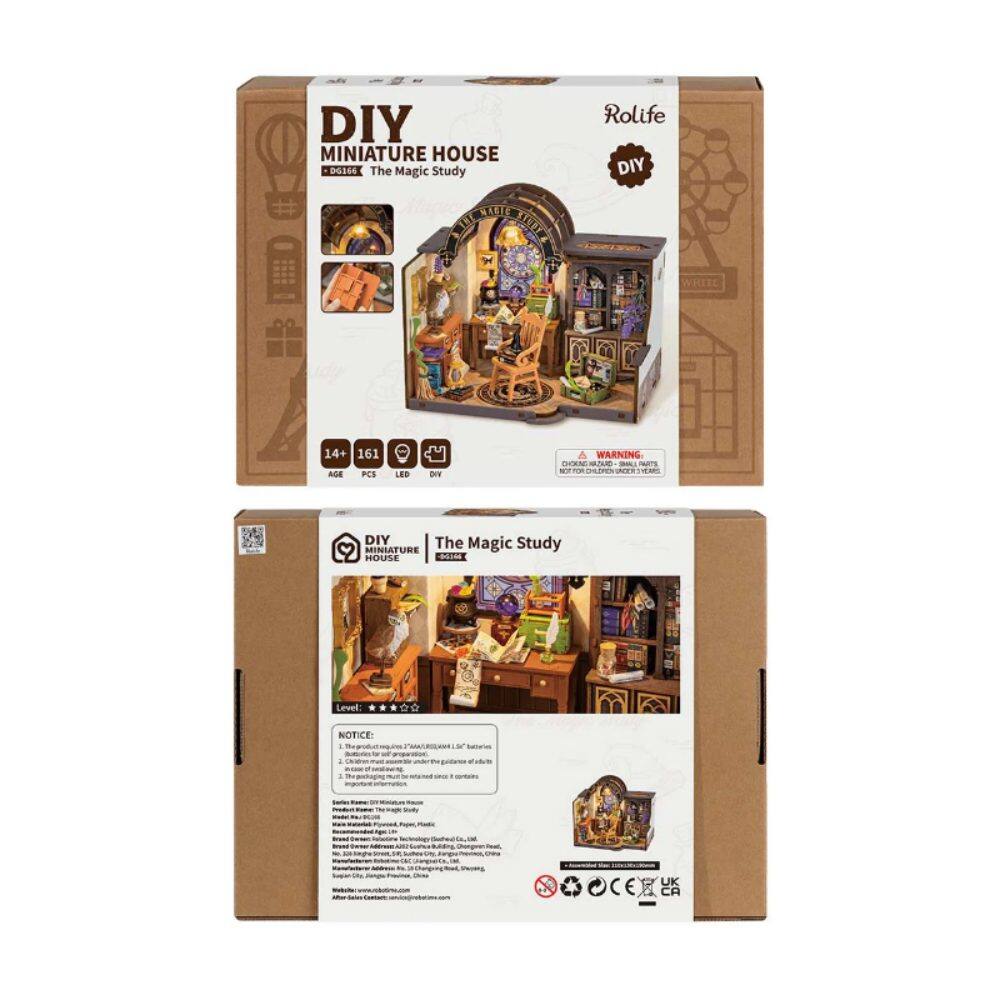 DIY MINIATURE HOUSE  
The Magic Study  
Rolife DIY  
Level: D  
NOTICE:  
WARNING: CHOKING HAZARD - Small parts. Not for children under 3 years.  

14+ AGE  
161 PCS  
LED  
DIY  

- RTS -  
- Y -  
- E -