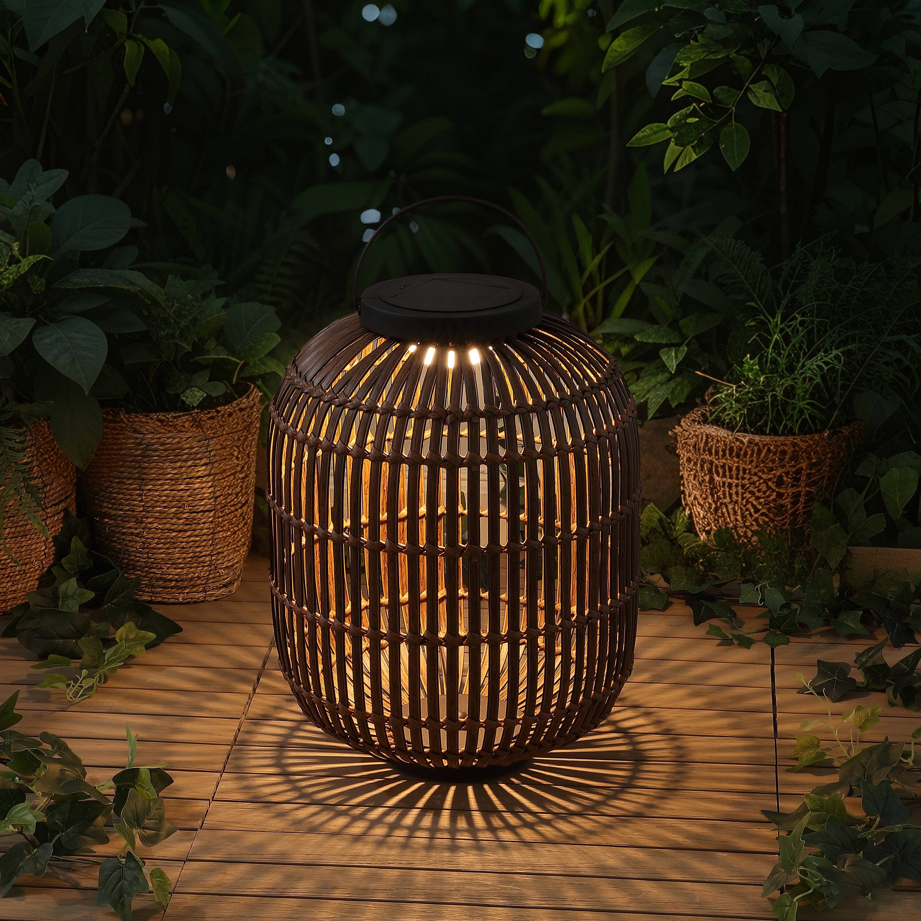 Alt View 8. Jonathan Y - Nara 20.5" Modern Global Faux Rattan Integrated Indoor/Outdoor LED Solar Powered Lantern, Light Brown/Black - Light Brown/Black.