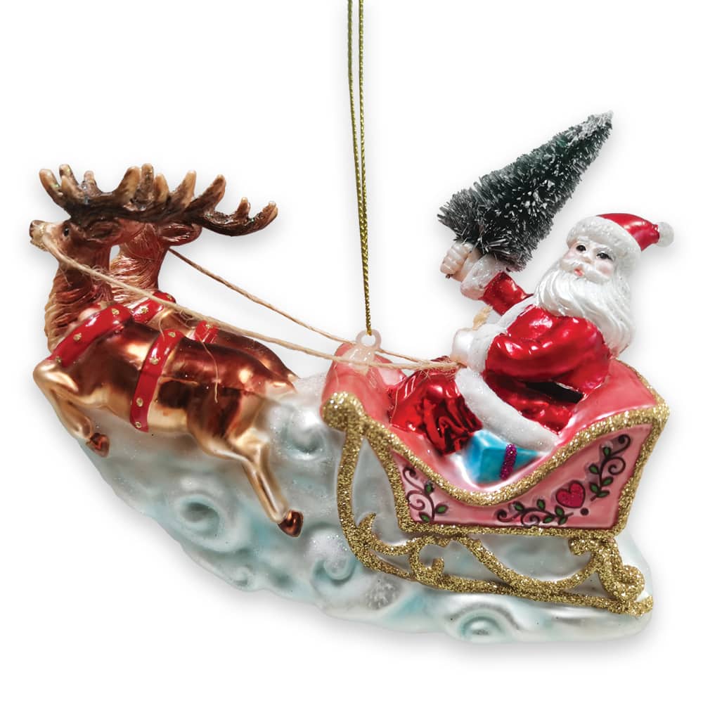 OrnamentallyYou - Santa Sleigh and Reindeer Elegant Christmas Ornament Holiday Blown Glass Figurine - Multi-colored
