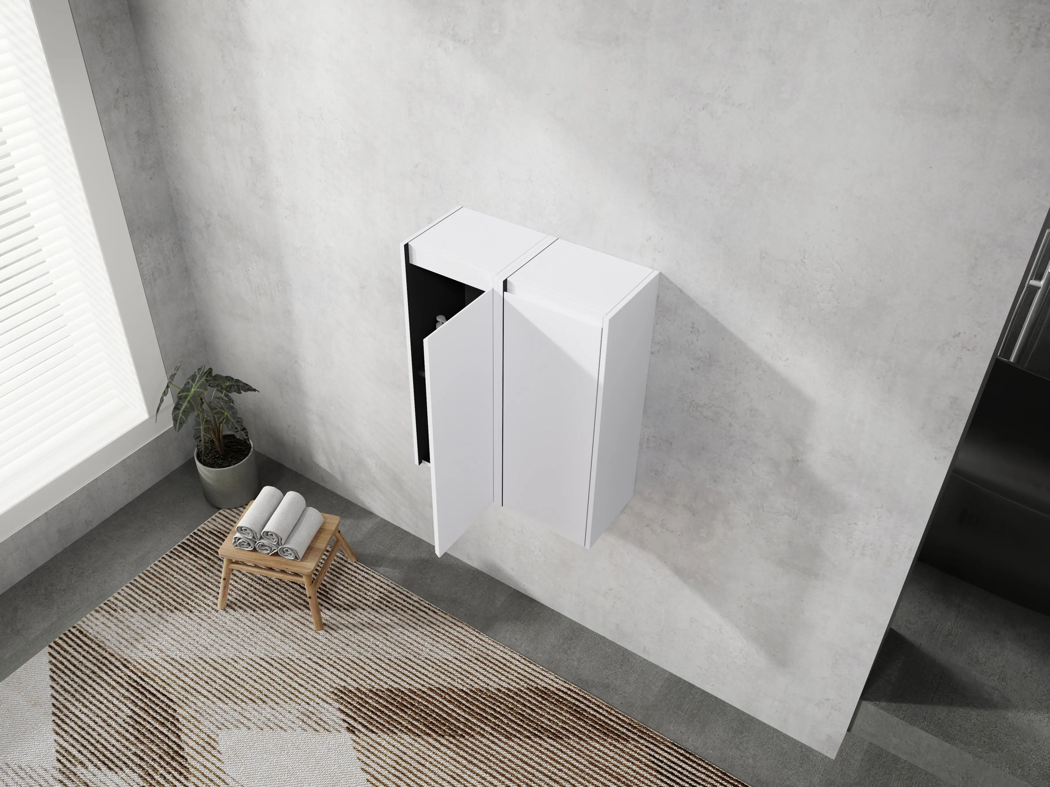 Angle. TinyHomie - 12in Bathroom Side Cabinet 2-Soft Close Doors Float Mounting Design 12x2 KD-Packing - White.