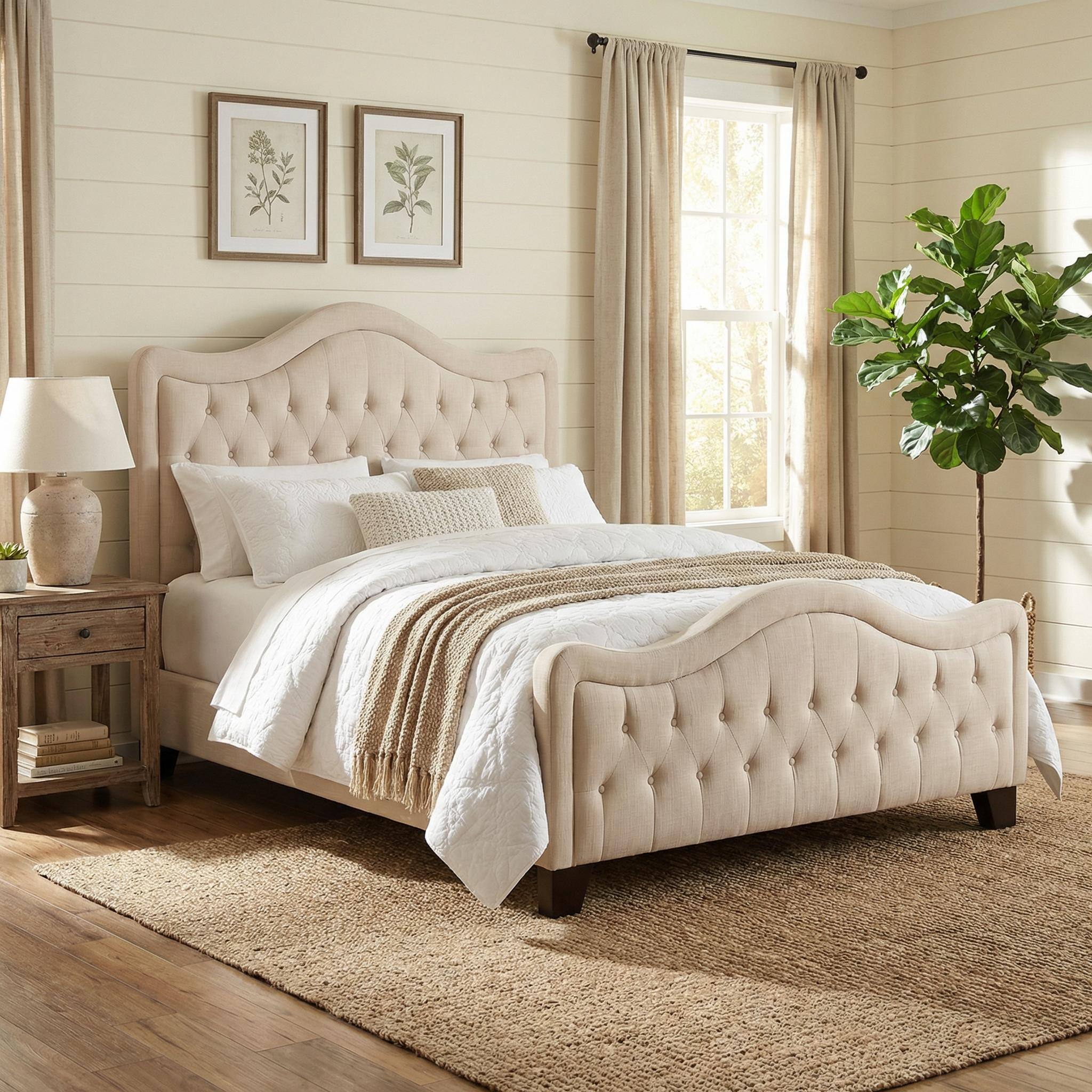 Alt View 2. Boyel Living - Curved Tufted Upholstered Bed with Solid Wood Frame and Optional High Footboard - Beige.