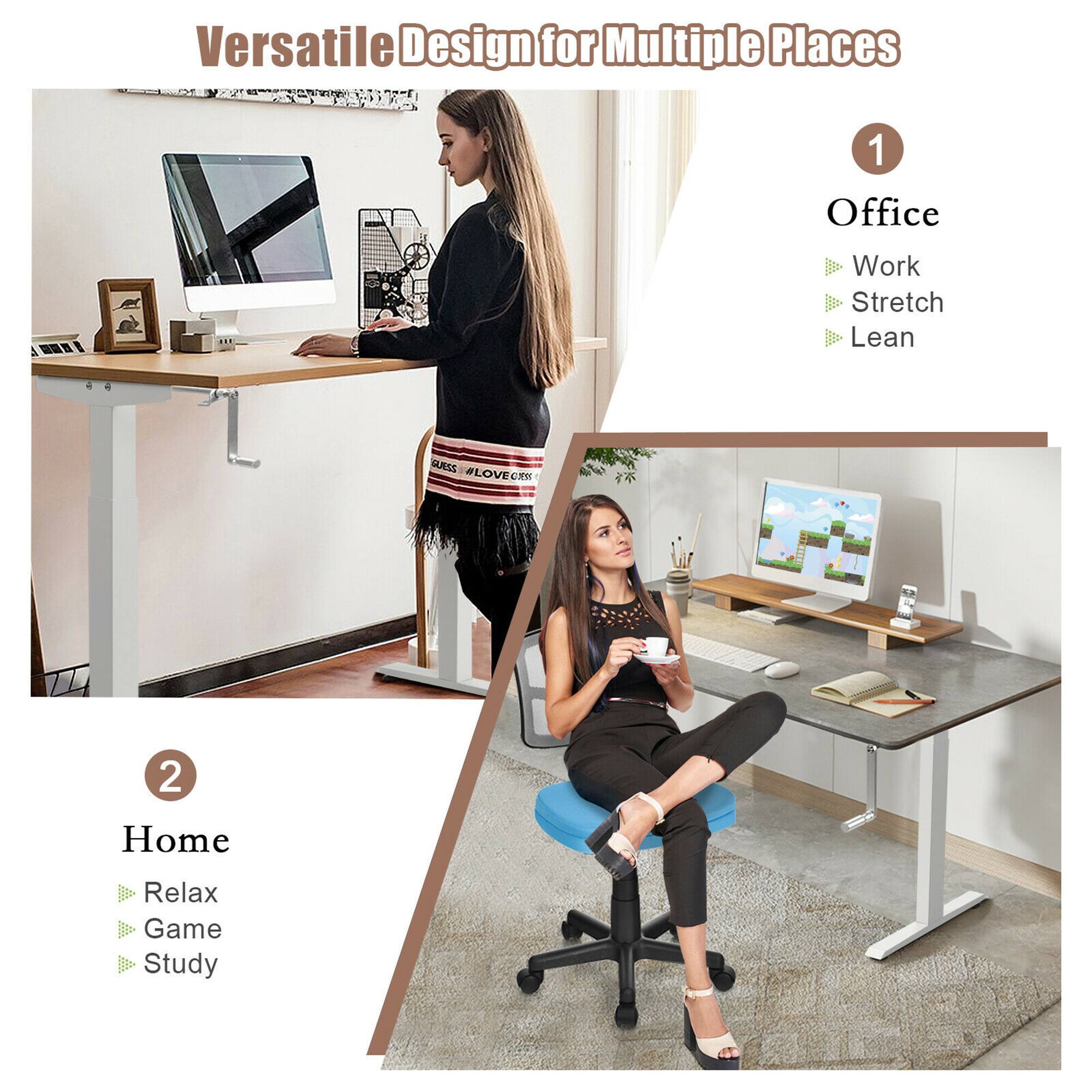 Versatile Design for Multiple Places

1. Office
   - Work
   - Stretch
   - Lean

2. Home
   - Relax
   - Game
   - Study