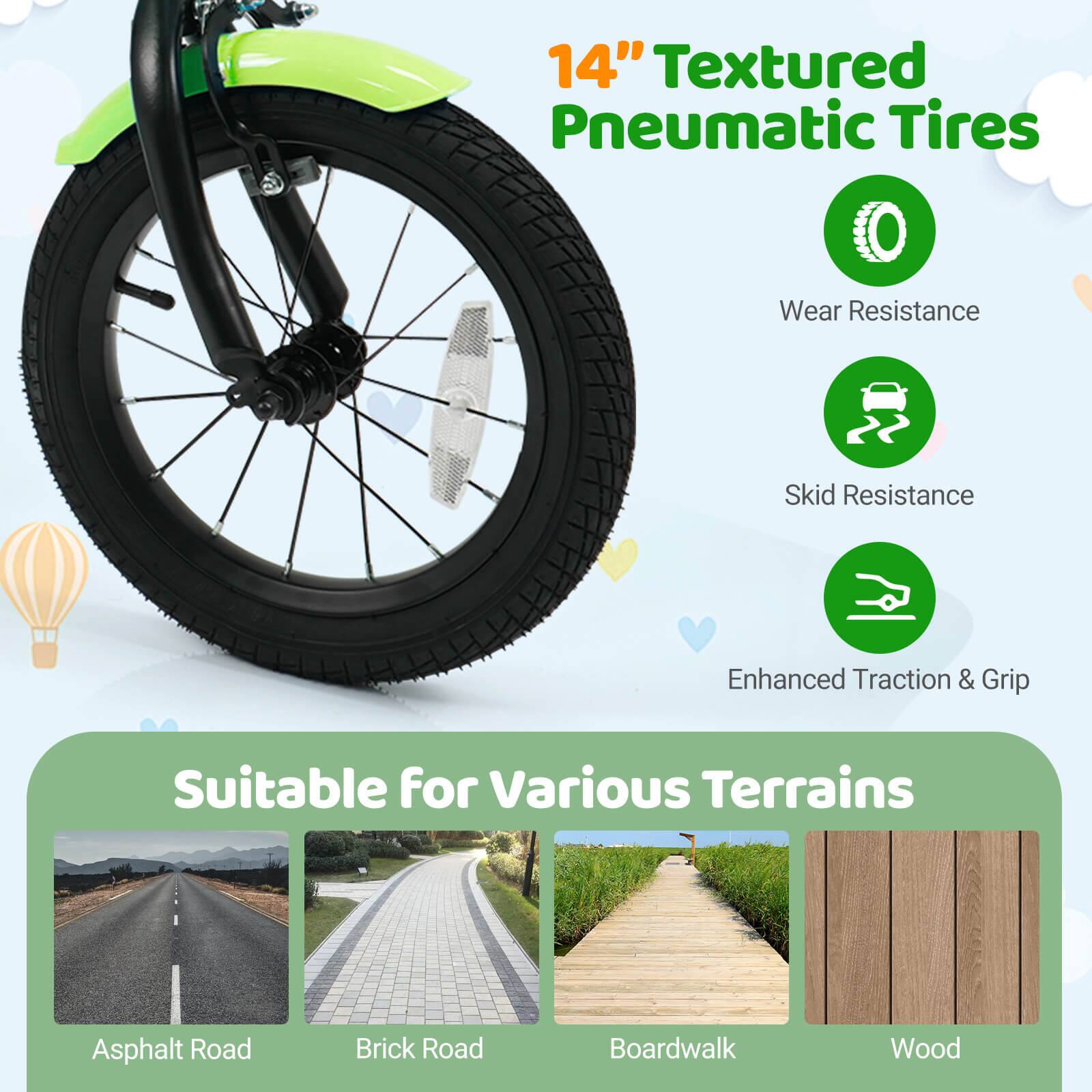 14" Textured Pneumatic Tires

- Wear Resistance
- Skid Resistance
- Enhanced Traction & Grip

Suitable for Various Terrains

- Asphalt Road
- Brick Road
- Boardwalk
- Wood