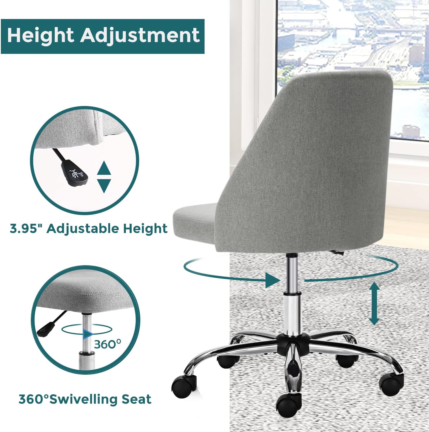 Height Adjustment

3.95" Adjustable Height

360° Swivelling Seat