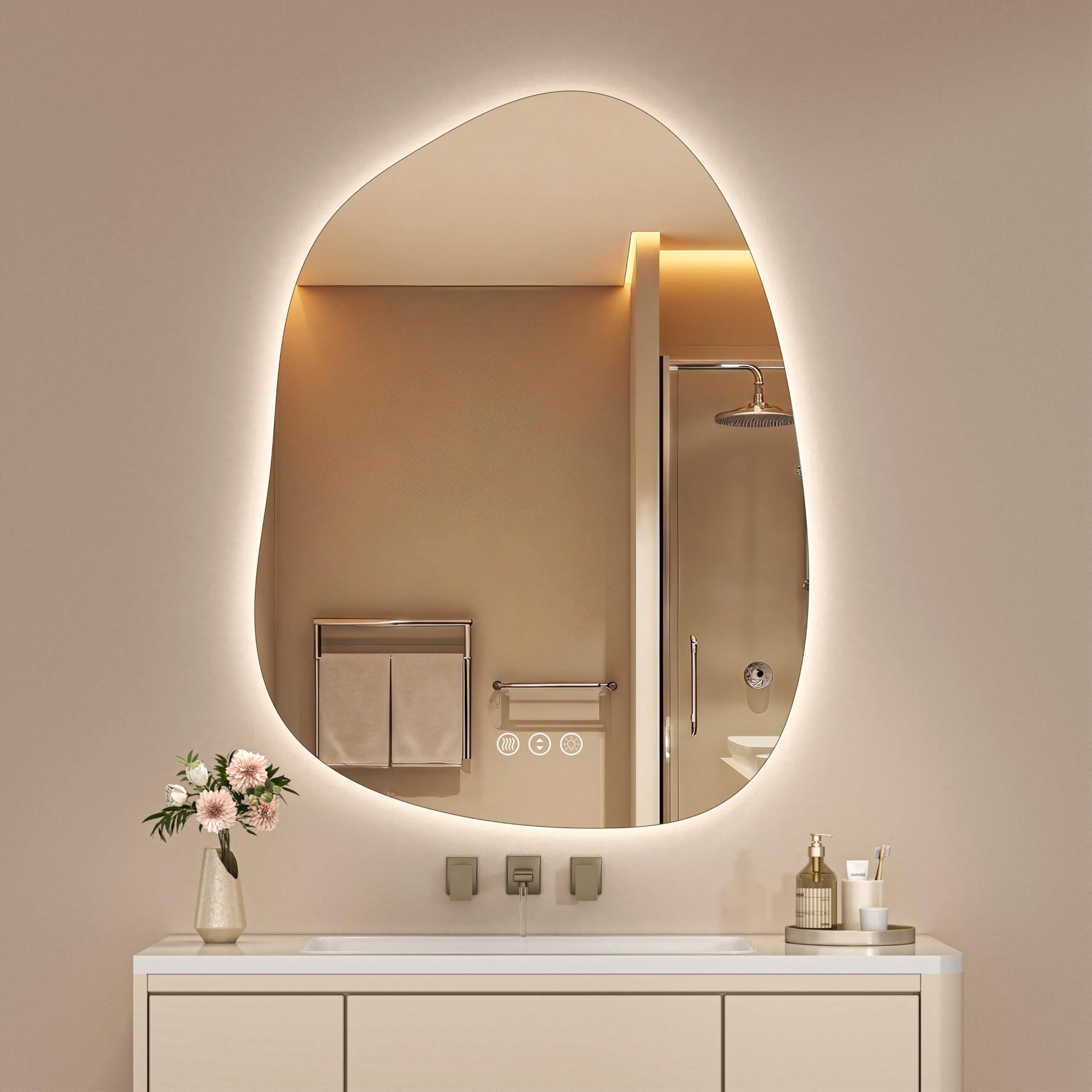 Earthley Blooms - Irregular Bathroom Vanity Mirror - 25"x19" Led Asymmetrica With Lights Abstract Mirrors Backlit Anti Fog - 40"L x 30"W