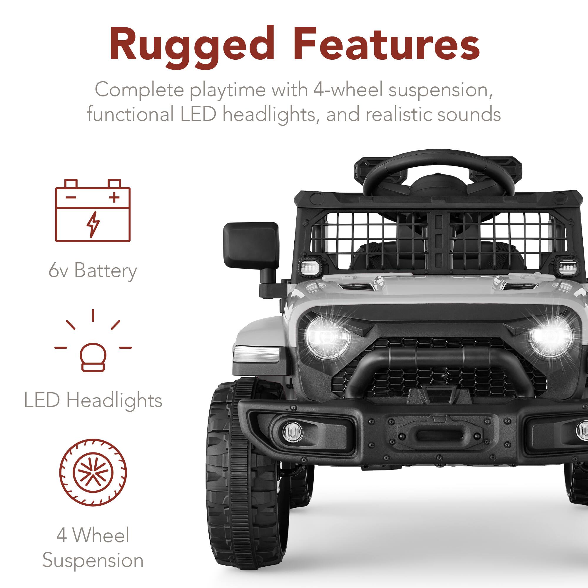 Rugged Features: Complete playtime with 4-wheel suspension, functional LED headlights, and realistic sounds. 

- 6V Battery
- LED Headlights
- 4 Wheel Suspension