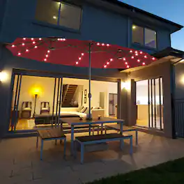 Gymax - 15Ft Solar LED Patio Outdoor Double-Sided Umbrella w/ 36 Lights Crank - Burgundy