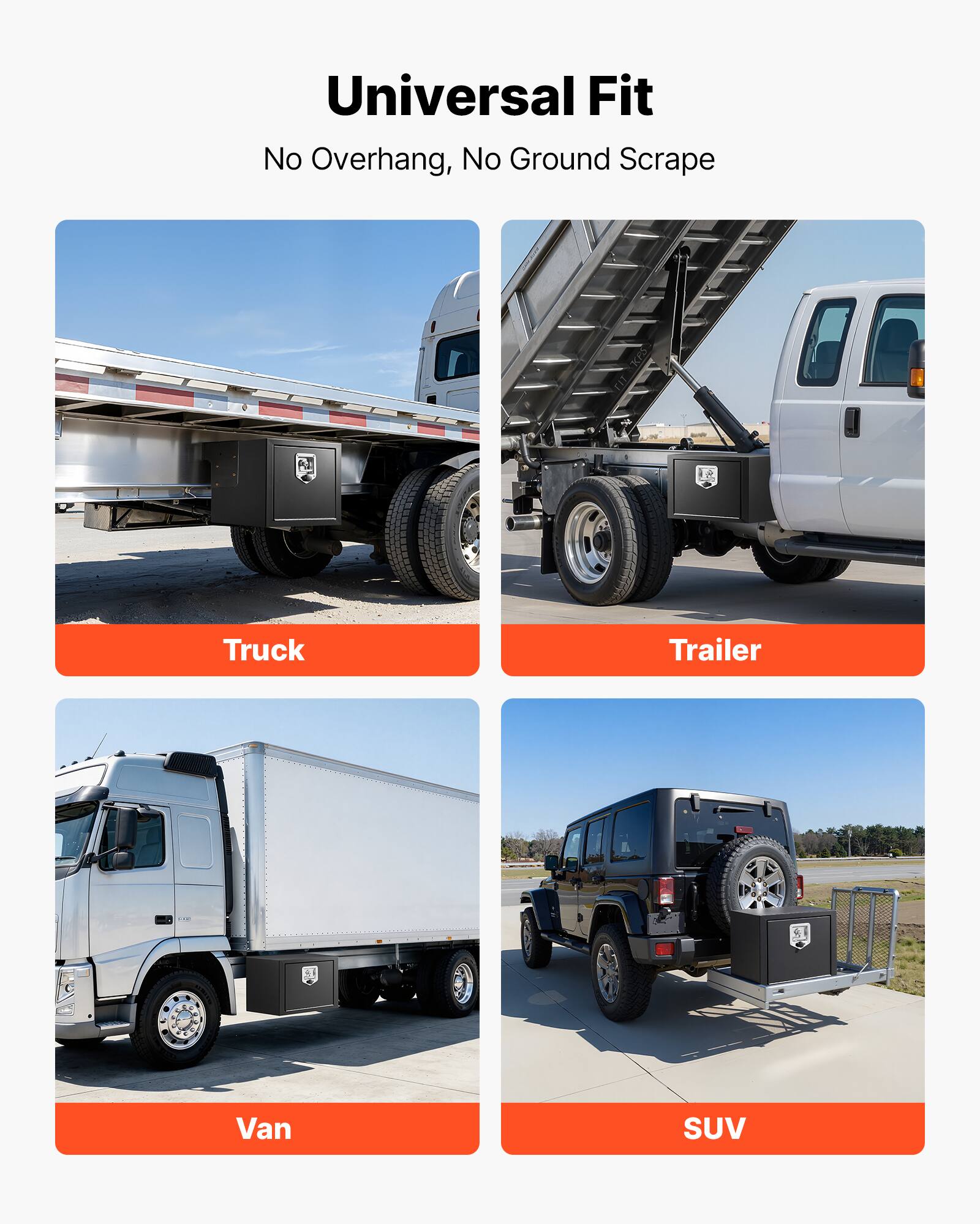 Universal Fit  
No Overhang, No Ground Scrape  

Truck  
Trailer  
Van  
SUV