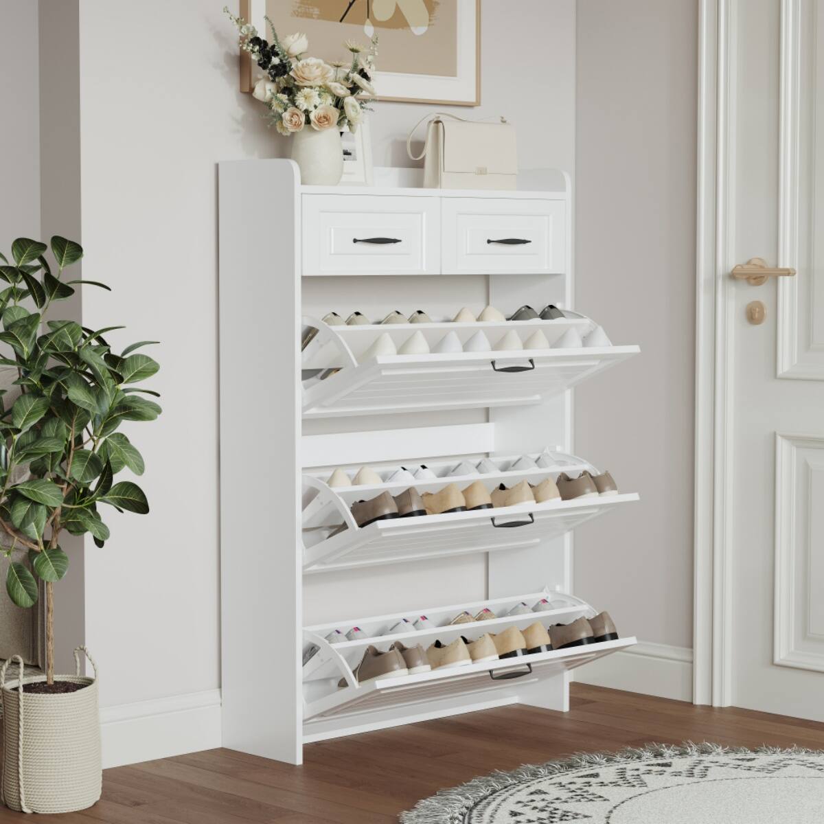 Angle. HTUTWOO - Freestanding  Shoe Storage Cabinet with 3 Flip Drawers & 2 Drawers,Shoe Cabinet with Adjustable Shelf,for Entryway - White.