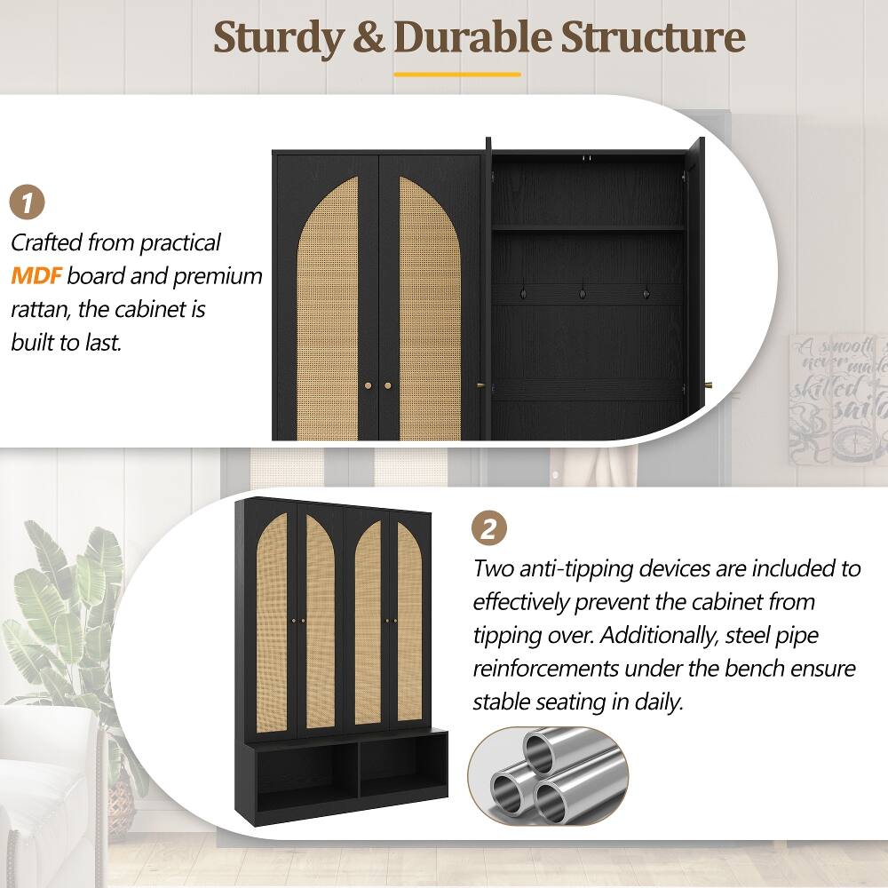 Sturdy & Durable Structure

1. Crafted from practical MDF board and premium rattan, the cabinet is built to last.

2. Two anti-tipping devices are included to effectively prevent the cabinet from tipping over. Additionally, steel pipe reinforcements under the bench ensure stable seating in daily.