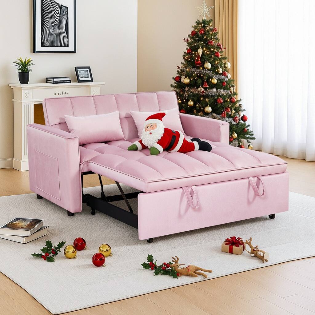 Kadyn - 54 Inch Adjustable Backrest Sofa, Sofa Bed, Futon Sofa with Double Armrest and Pouch for Living Room - Pink