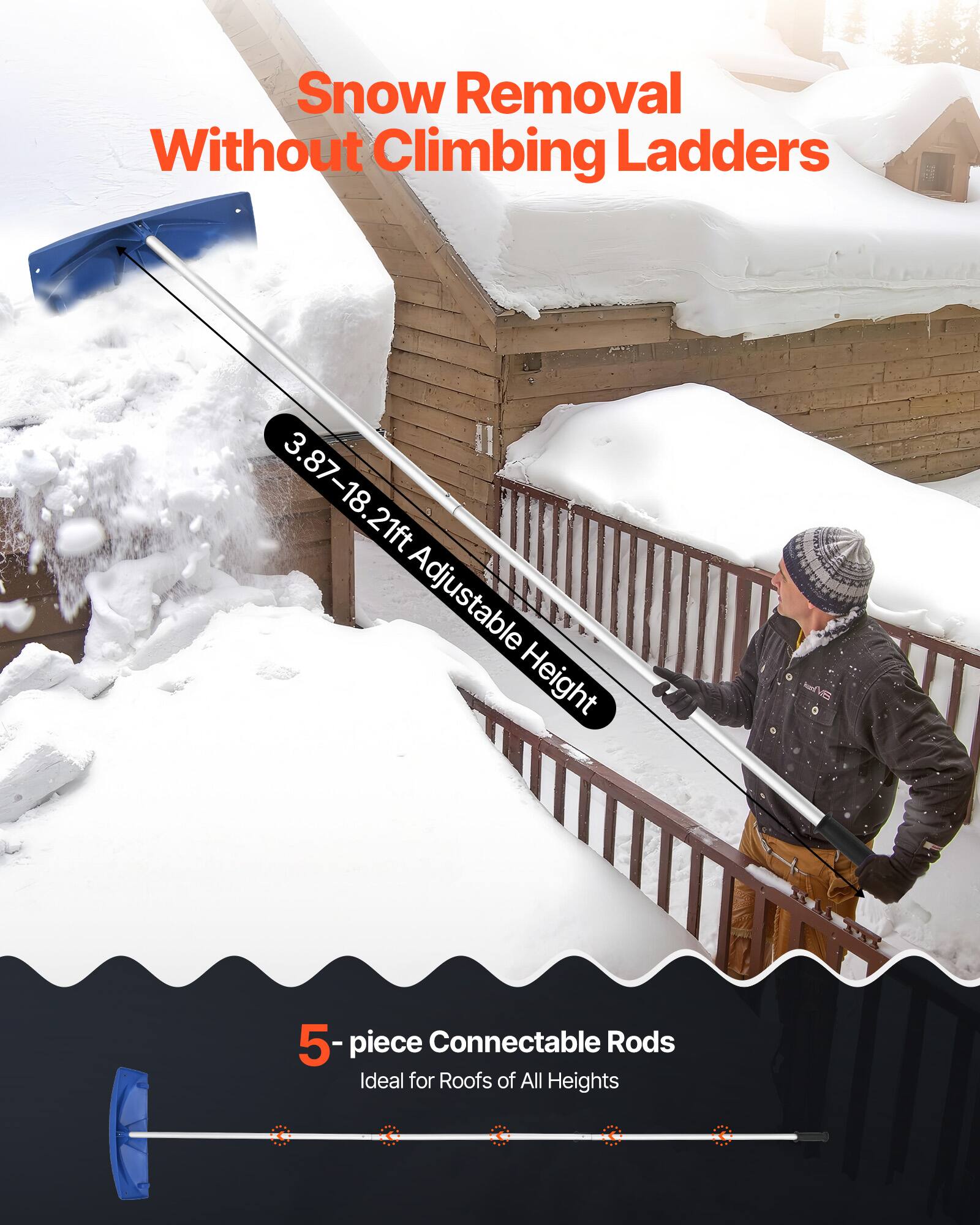 Snow Removal Without Climbing Ladders

3.87–18.21ft Adjustable Height

5-piece Connectable Rods

Ideal for Roofs of All Heights