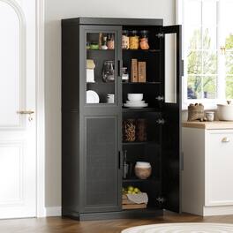 PexFix - Farmhouse Sideboard & Food Pantry, 67" H Solid Wood Cabinet with Woven Doors and Adjustable Shelves – Ideal for Entryway - Black