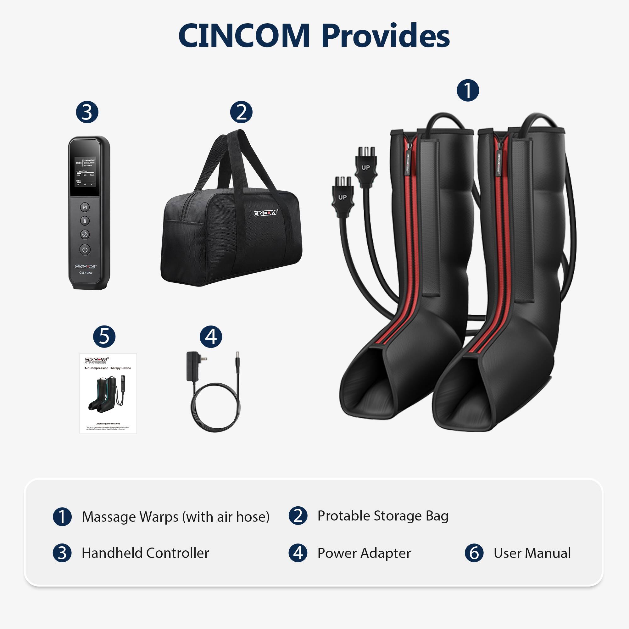 CINCOM Provides

1. Massage Warps (with air hose)
2. Portable Storage Bag
3. Handheld Controller
4. Power Adapter
5. Air Compression Therapy Device
6. User Manual