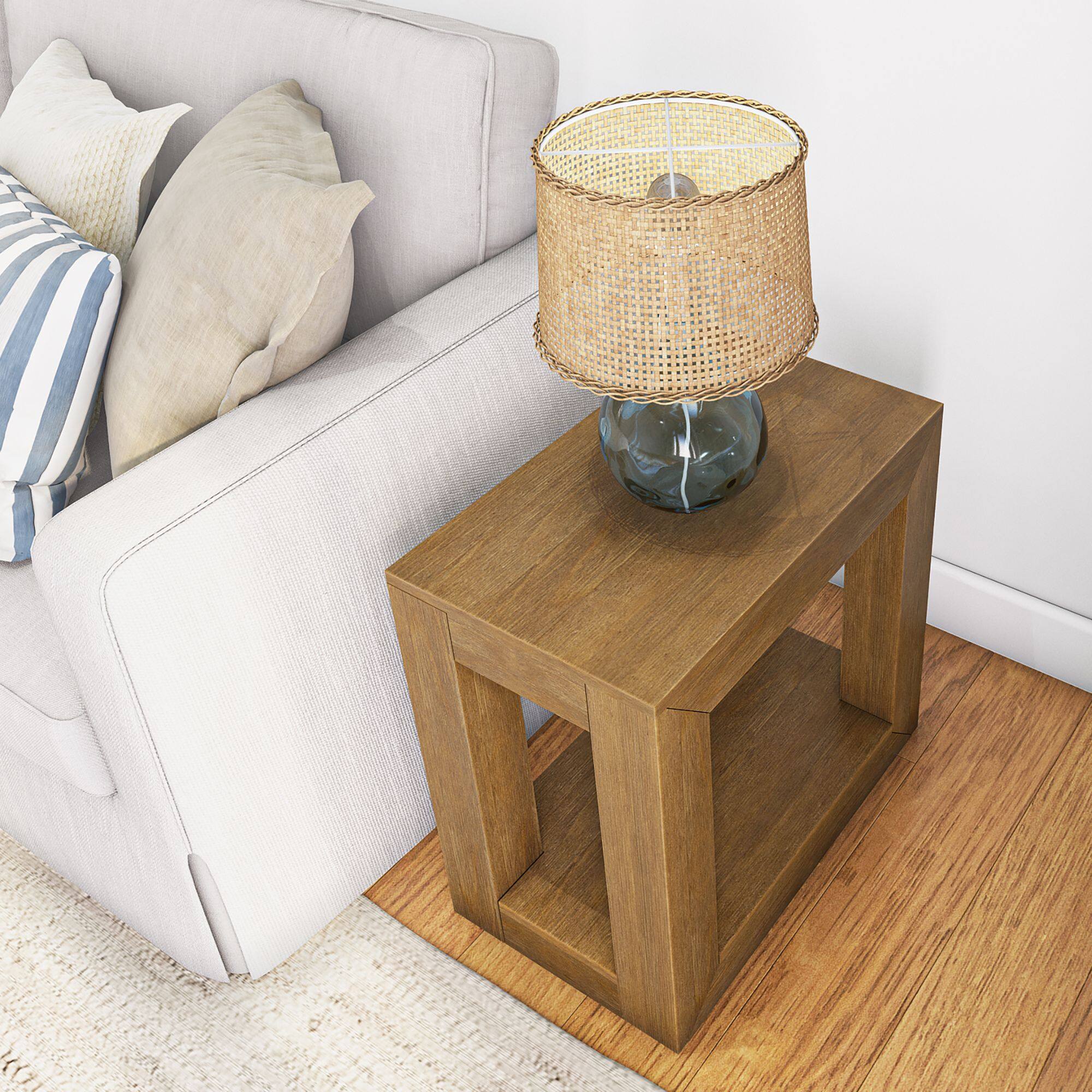 Alt View 4. Plank+Beam - Modern Rectangular Side Table with Shelf (24in x 15in / 630mm x 375mm), Pecan Wirebrush - Pecan Wirebrush.