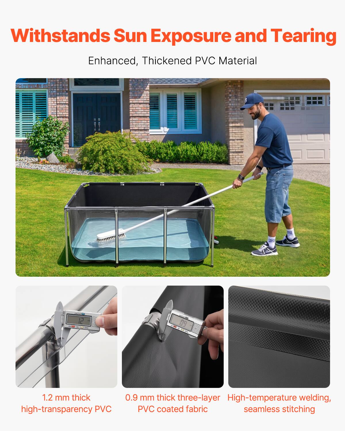 Withstands Sun Exposure and Tearing  
Enhanced, Thickened PVC Material  

1.2 mm thick high-transparency PVC  
0.9 mm thick three-layer High-temperature welding, PVC coated fabric seamless stitching