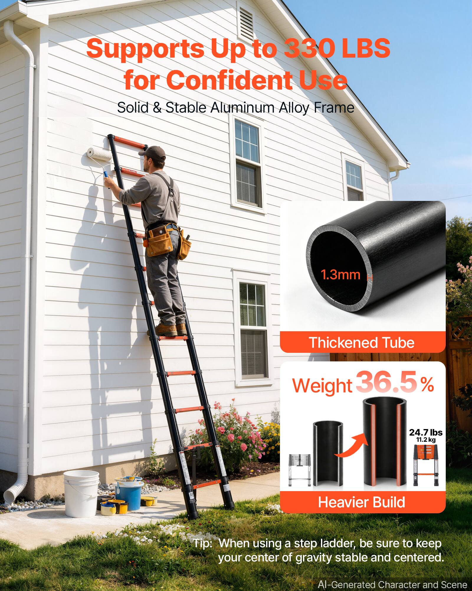 Supports Up to 330 LBS for Confident Use  
Solid & Stable Aluminum Alloy Frame  

1.3mm  
Thickened Tube  
Weight 36.5%  
24.7 lbs 11.2kg  
Heavier Build  

Tip: When using a step ladder, be sure to keep your center of gravity stable and centered.  

AI-Generated Character and Scene