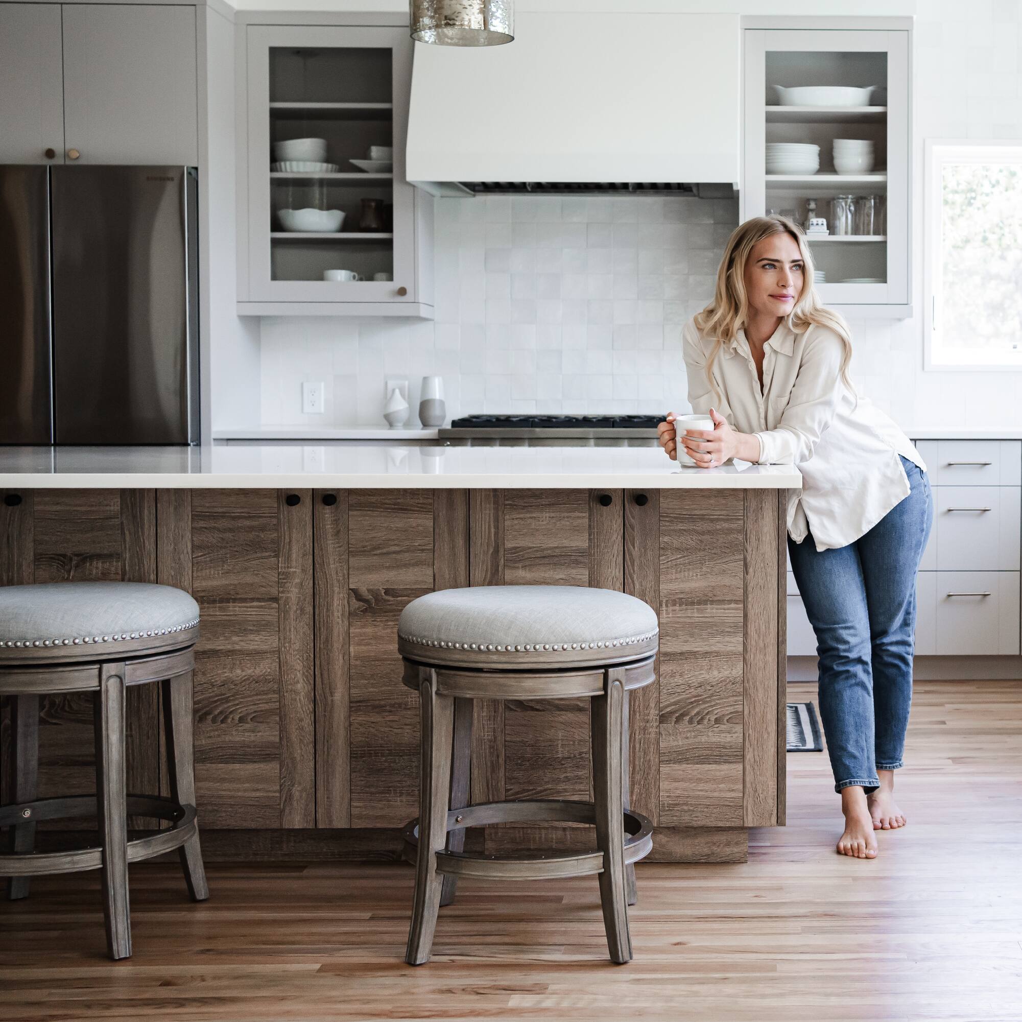 Alt View 1. Maven Lane - 30" Alexander Backless Bar Stool in Reclaimed Oak Finish with Fabric Upholstery - Reclaimed Oak.