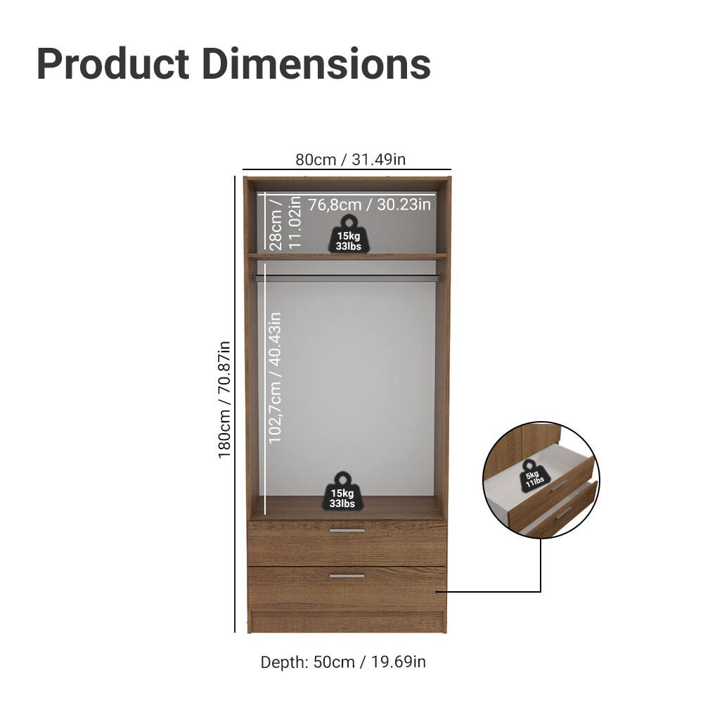 Product Dimensions

- Height: 180cm / 70.87in
- Width: 80cm / 31.49in
- Depth: 50cm / 19.69in

- Shelf 1: 76.8cm / 30.23in (15kg / 33lbs)
- Shelf 2: 102.7cm / 40.43in (15kg / 33lbs)

- Drawer: 28cm / 11.02in (15kg / 33lbs)
