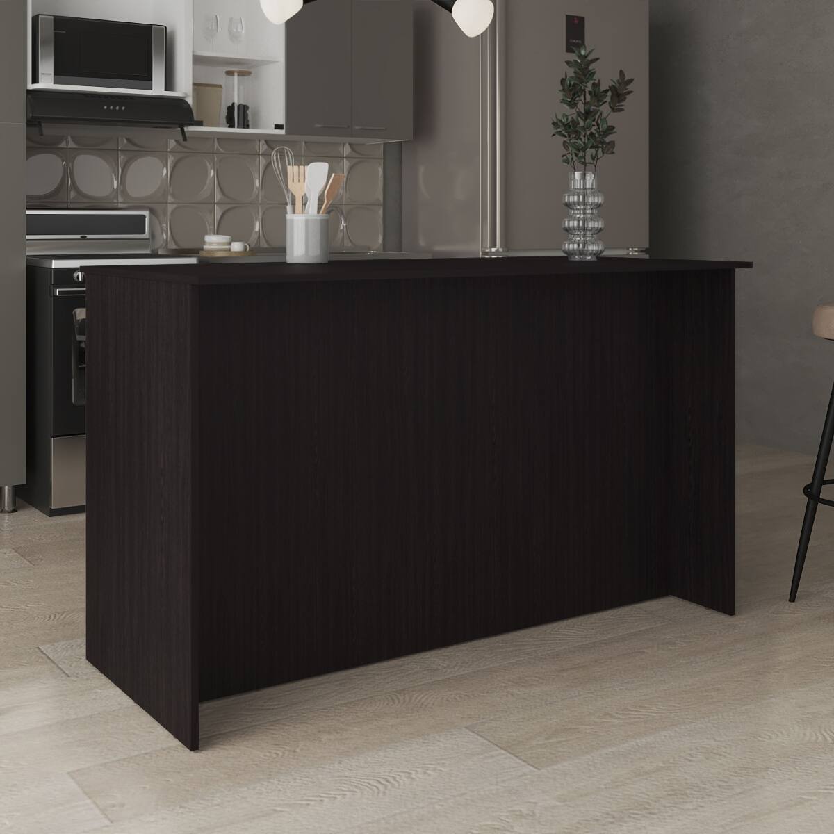 Alt View 3. Loheer - Loheer Black Kitchen Island with Cabinets Three Open Shelves and Seating Clearance - Black.