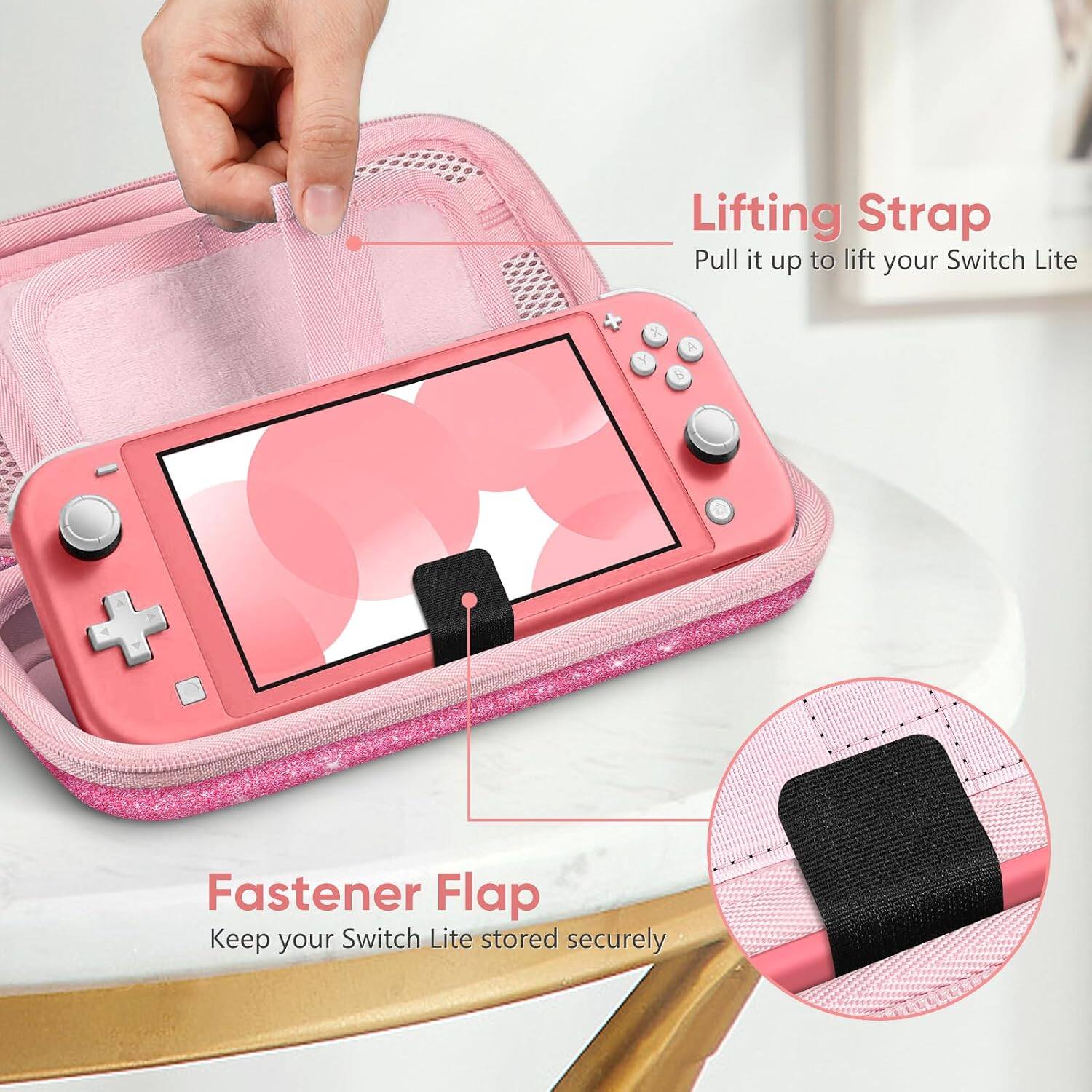 Lifting Strap  
Pull it up to lift your Switch Lite  

Fastener Flap  
Keep your Switch Lite stored securely