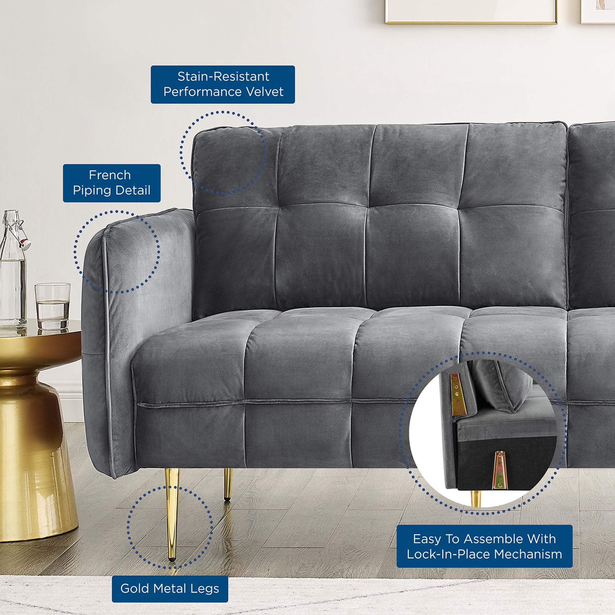 - Stain-Resistant Performance Velvet
- French Piping Detail
- Easy To Assemble With Lock-In-Place Mechanism
- Gold Metal Legs