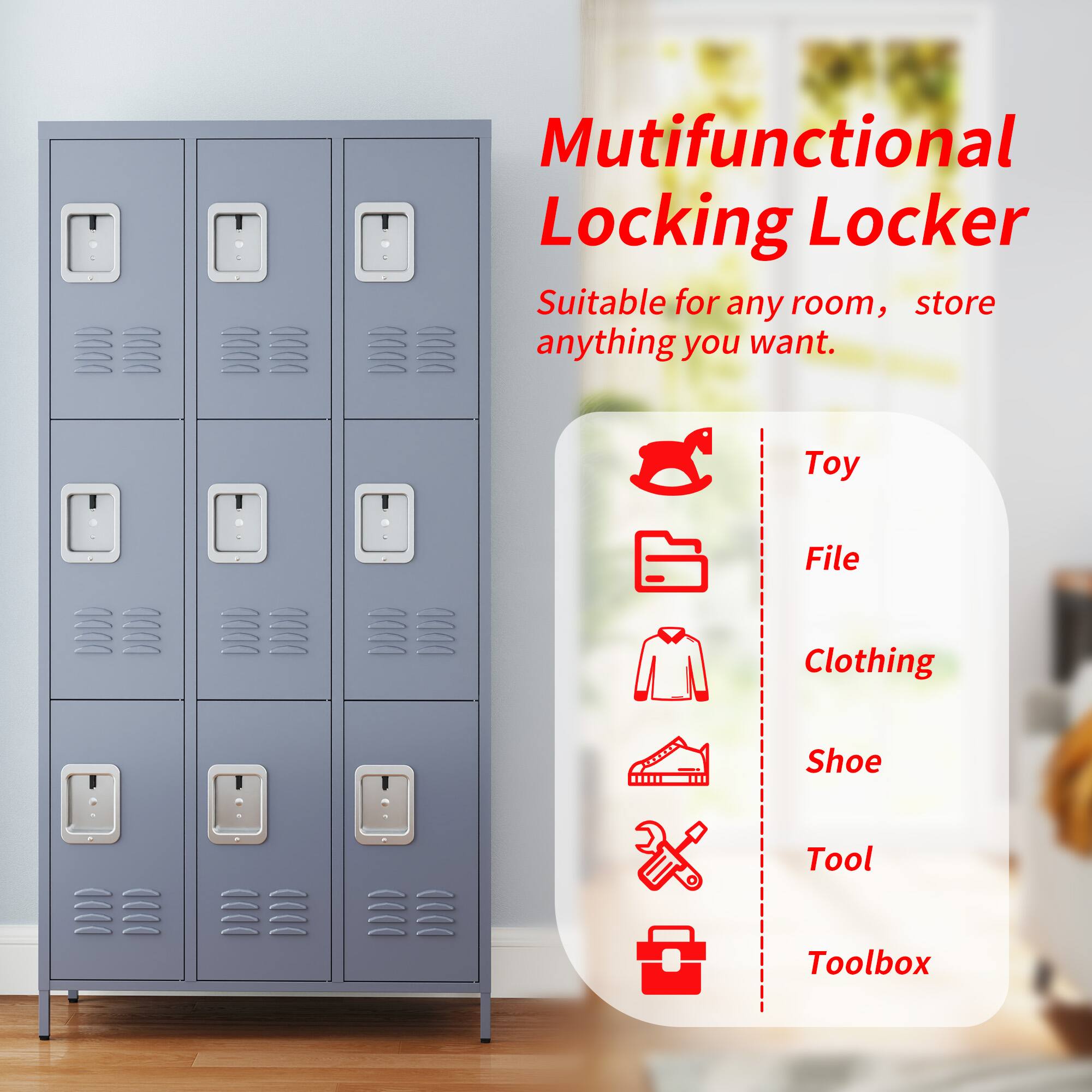 Multifunctional Locking Locker  
Suitable for any room, store anything you want.  
- Toy  
- File  
- Clothing  
- Shoe  
- Tool  
- Toolbox