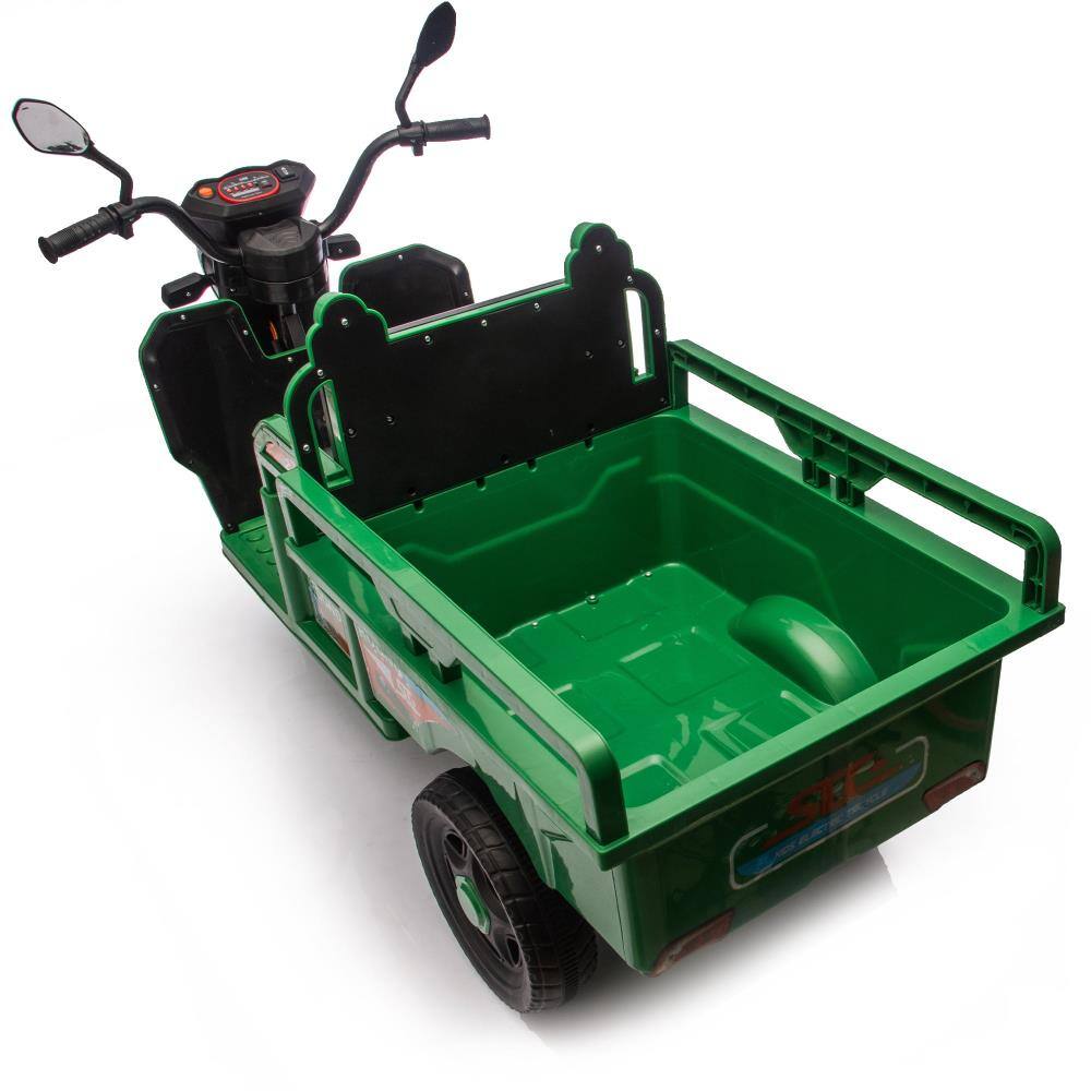 Back. BreeBe - 12V Kids Electric 3-Wheel Cargo Truck, 2WD, Anti-Slip Wheels, LED Lights, Music, Large Storage & Wide Seat, Ages 3-6 - Green.