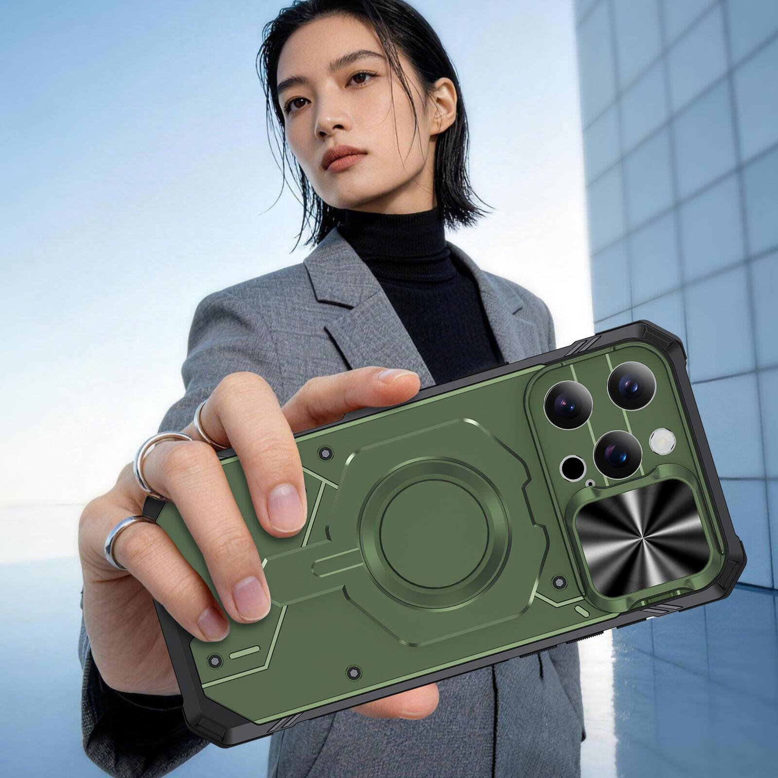 Back. Dteck - Shockproof Magnetic Hybrid Protective Case for Apple iPhone 16 Pro with Slide Camera Cover, Side Anti-Slip Texture - Armygreen.