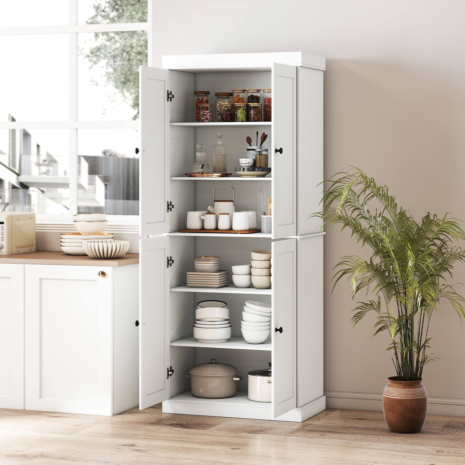 Alt View 3. Costway - Costway Kitchen Pantry Cabinet with 4 Doors & 2 Adjustable Shelves, 2 Anti-Tipping Kits - White.