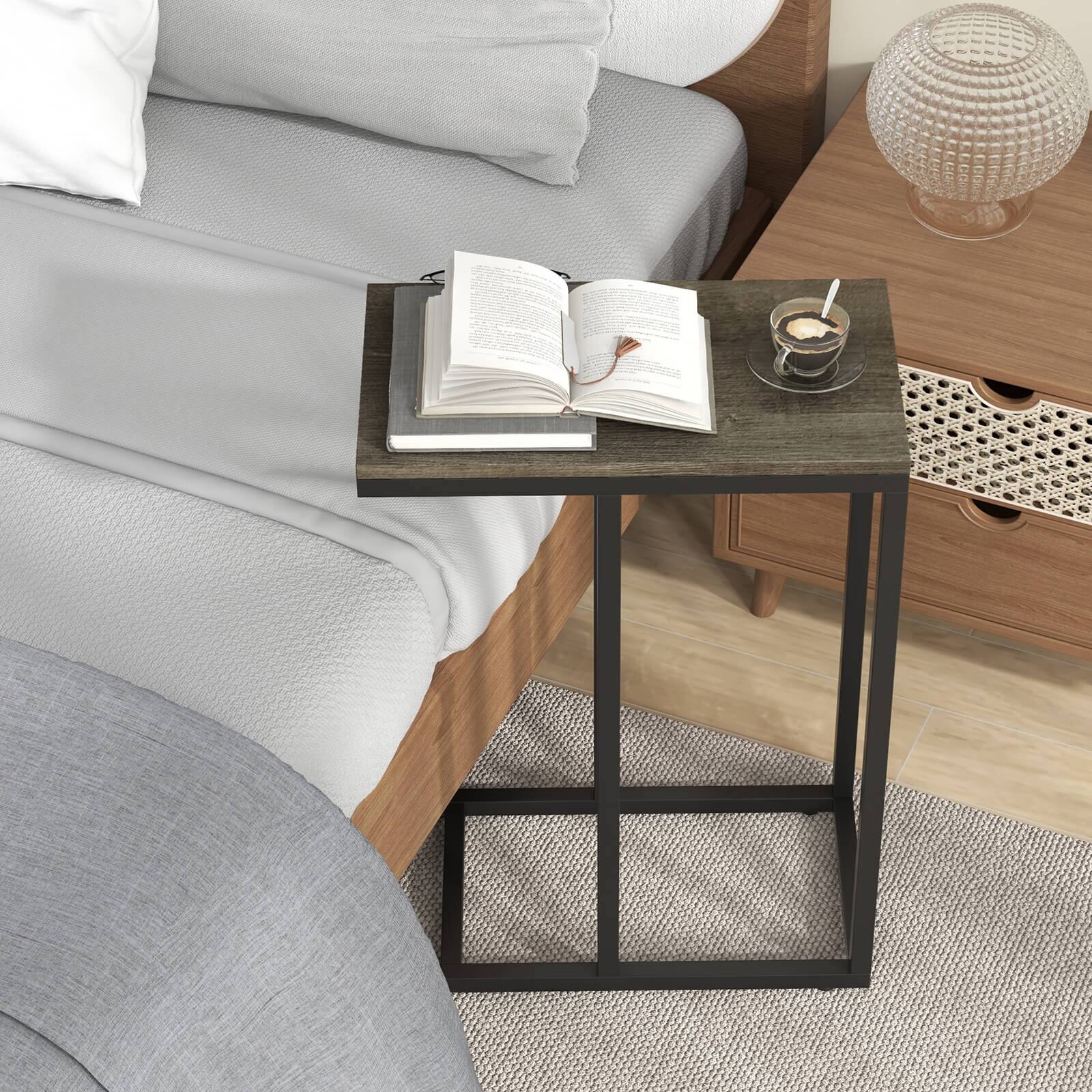 Back. Costway - C-shaped Side Table Industrial Sofa Table with Heavy-duty Metal Frame - Gray.