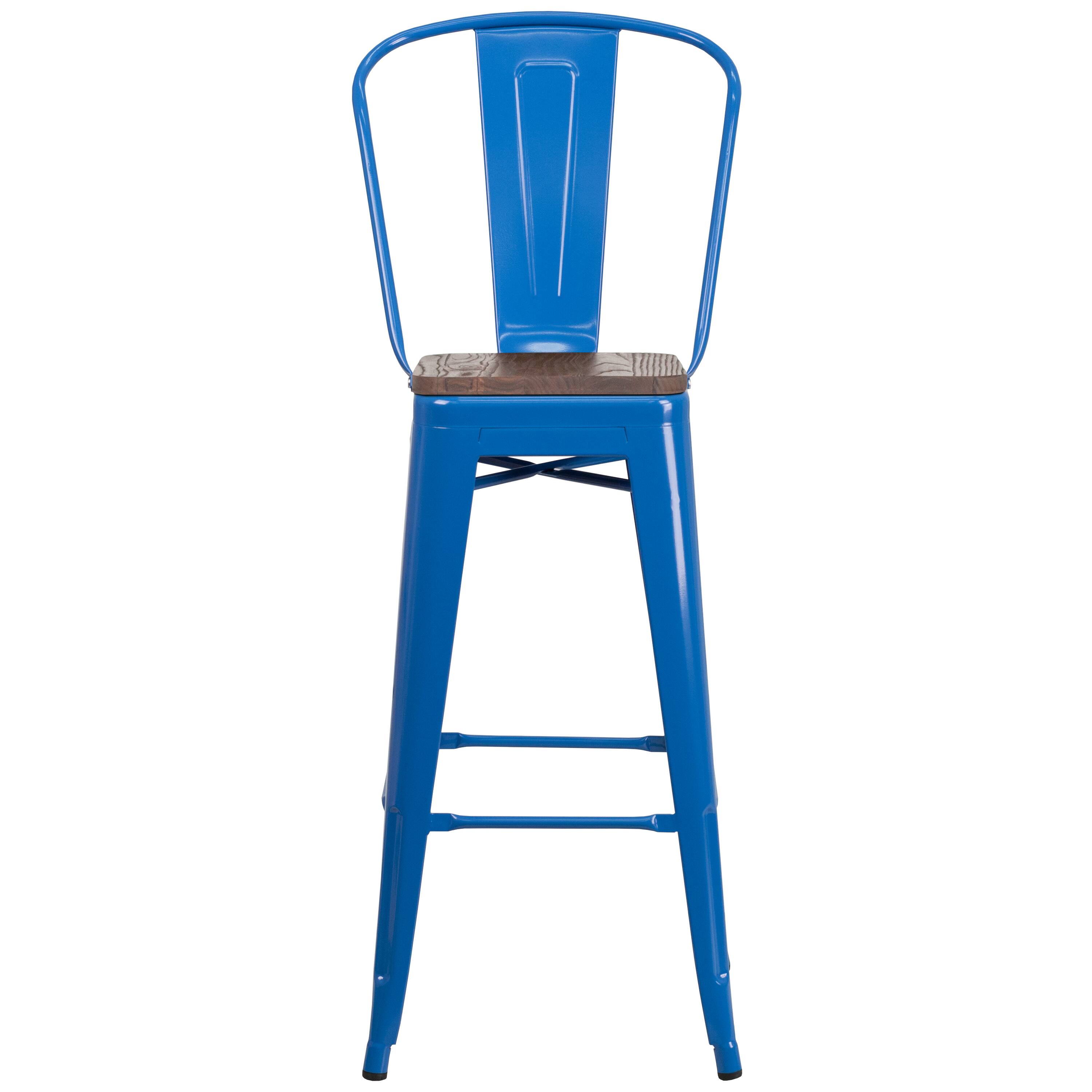 Alt View 5. Emma + Oliver - 30"H Metal Dining Barstool with Back and Square Wood Seat - Blue.