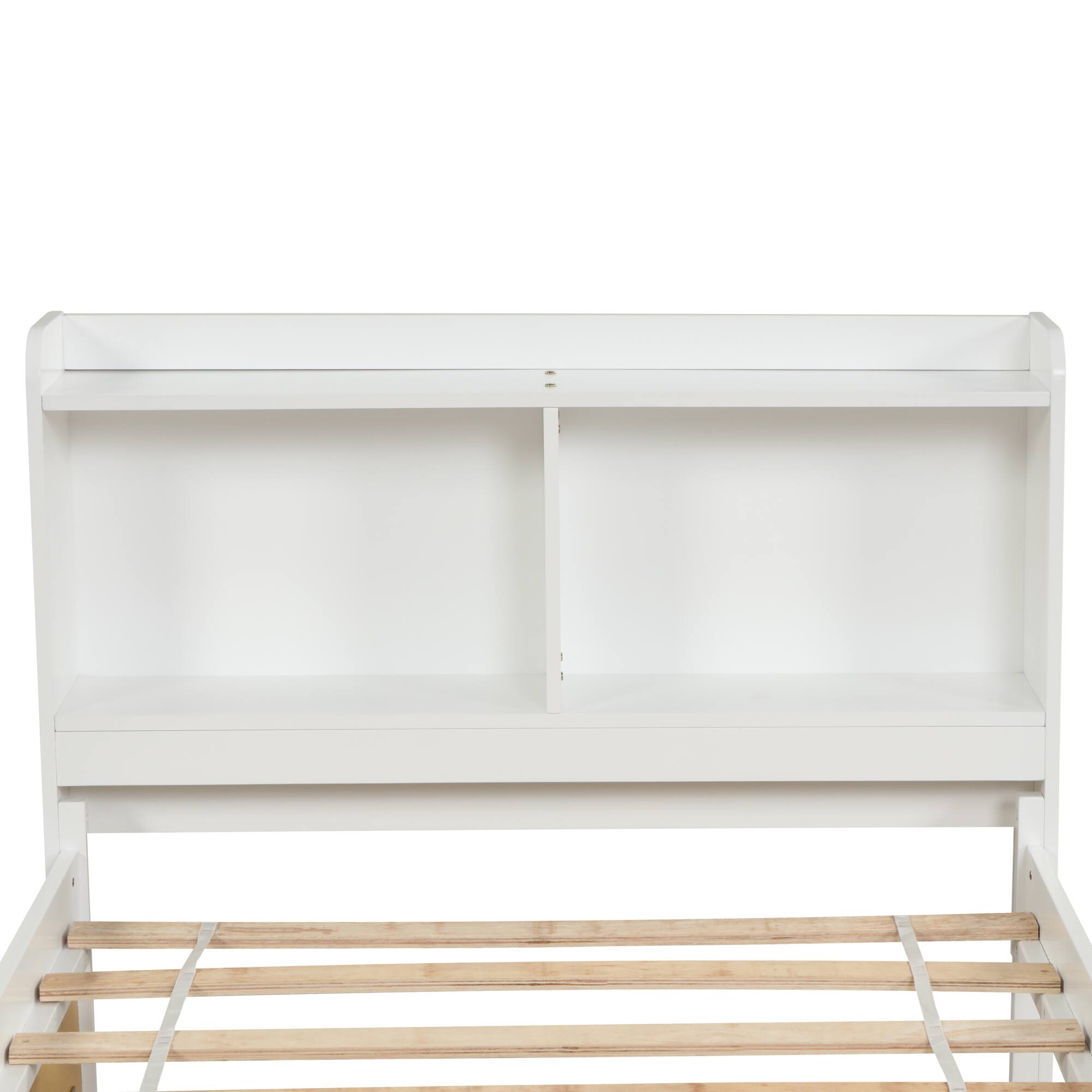 Back. GOODSILO - Space-Saving Twin Bed with Pull-Out Trundle and Built-In Bookcase Headboard for Compact Bedrooms - White.
