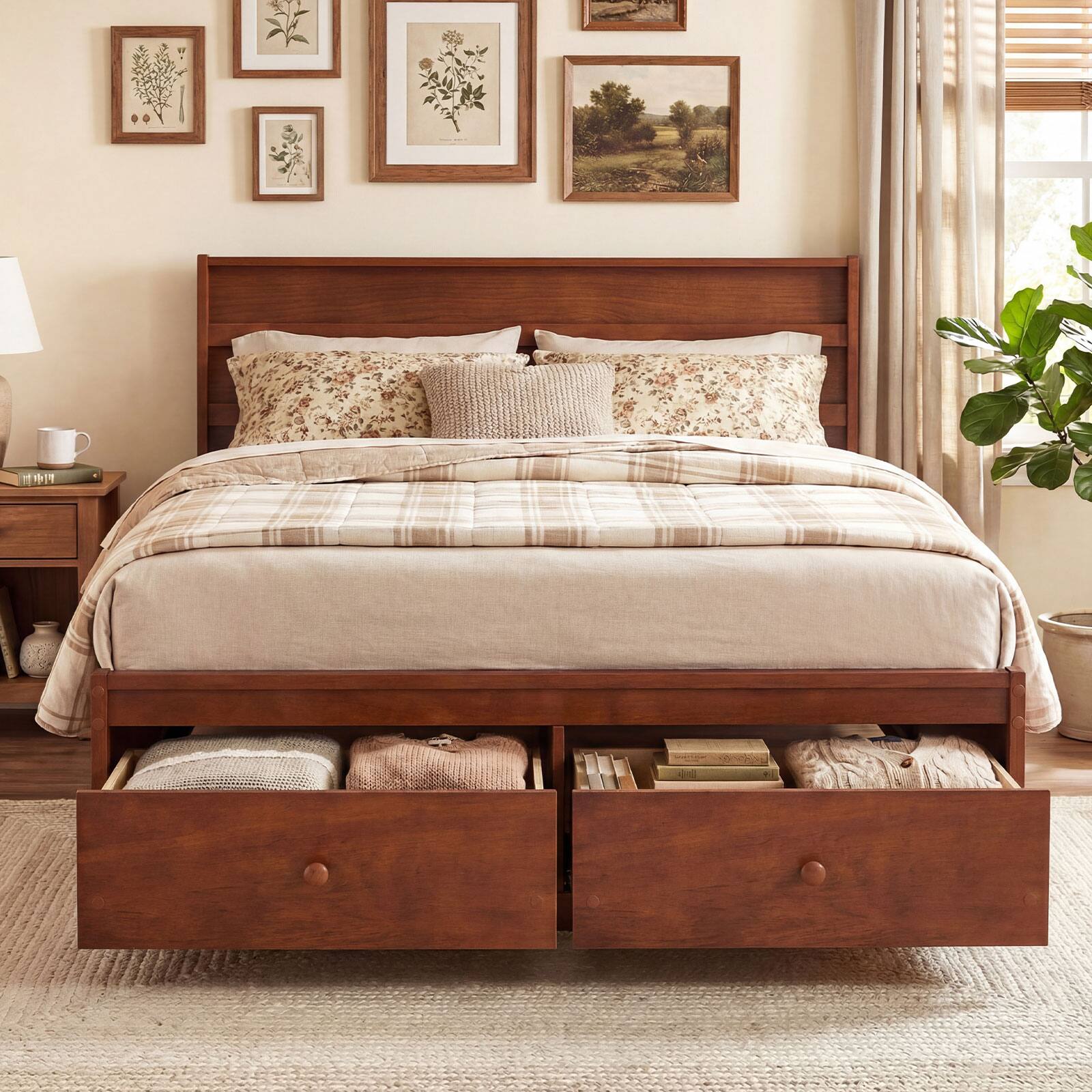 Alt View 5. Gymax - Gymax Full Size Bed Frame w/Storage Drawers Headboard Wooden Slat Support Walnut - Brown.