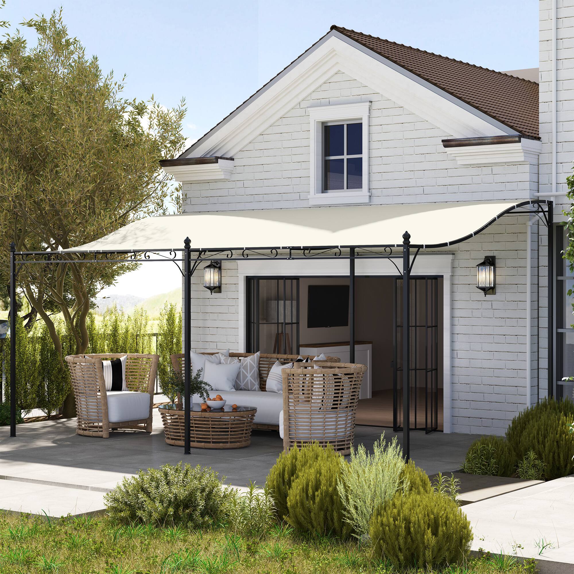 Angle. Outsunny - 10' x 17' Outdoor Pergola Canopy, Wall-Mounted Metal Patio Canopy with Weather-Resistant Fabric - Cream White.