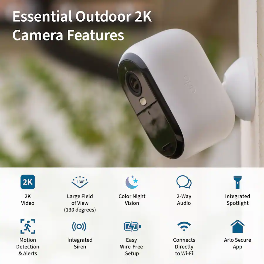 Arlo Essential Camera Outdoor Wireless 2K Security Camera (2nd