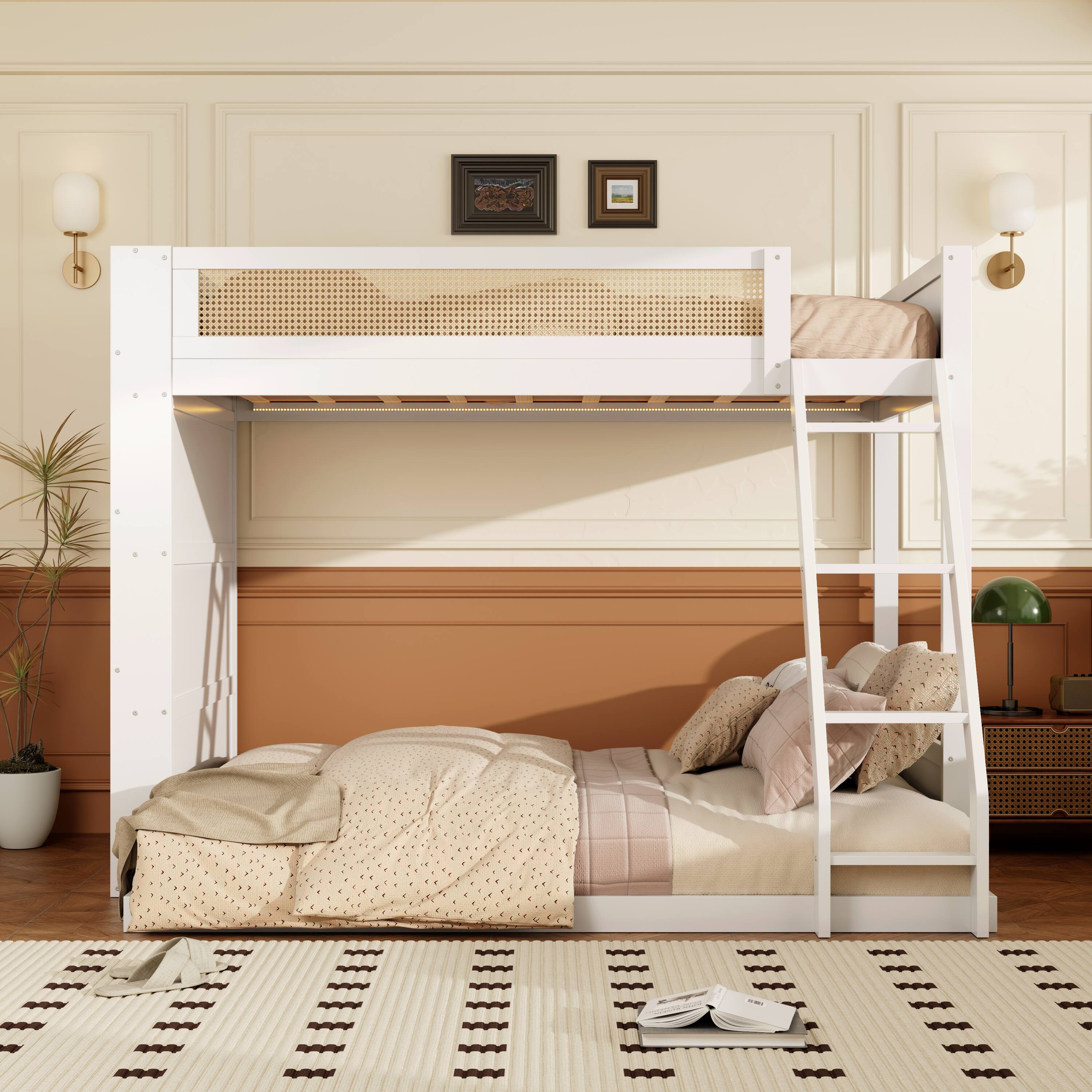 Left. Whisen - Twin over Full Bunk Bed with Integrated Bookshelf,LED Lighting and Rattan-Style Guardrails - White.