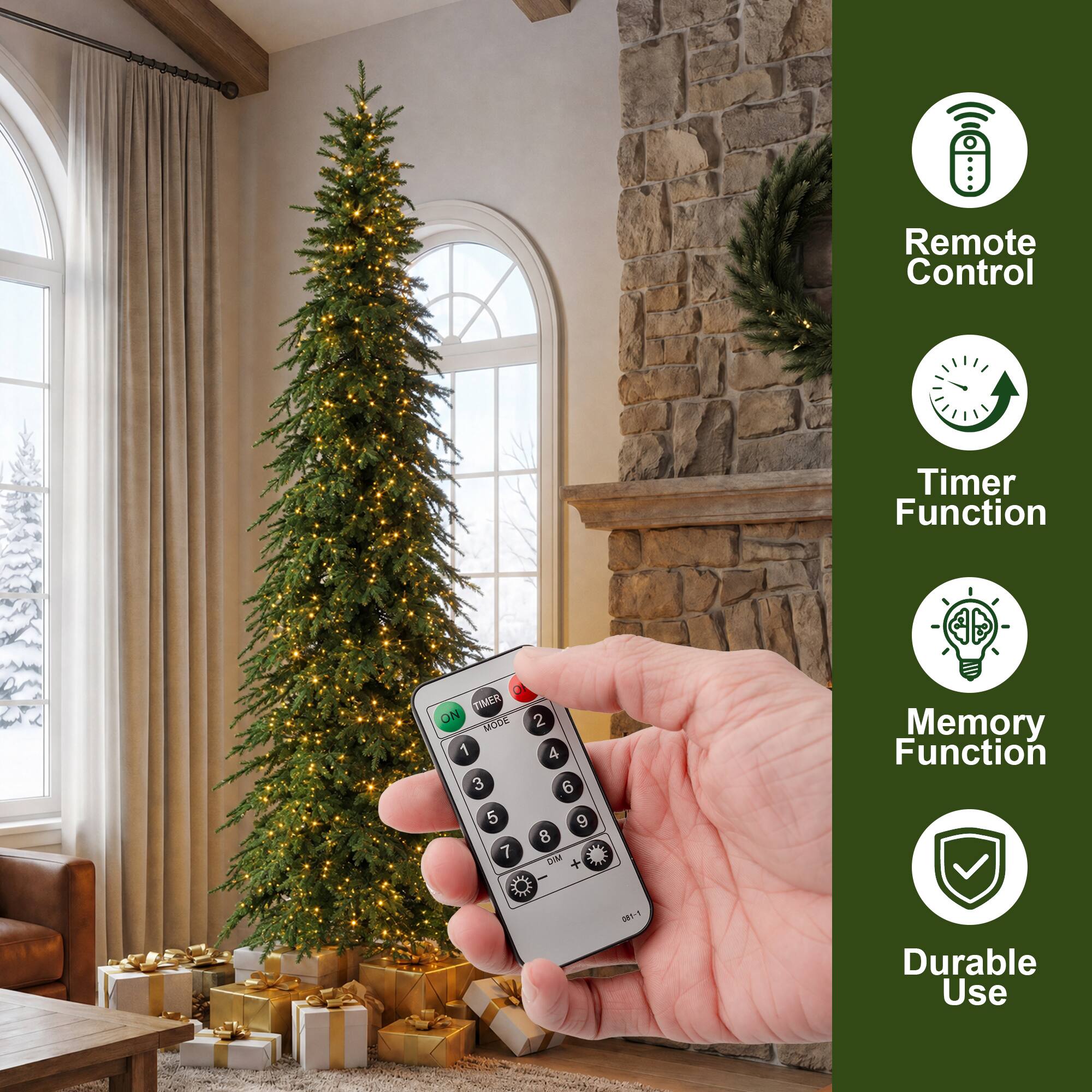 Remote Control  
Timer Function  
TIMER ON MODE 1 3 5 7  
2 4 6 9 8 DIM +  
Memory Function  
081-5  
Durable Use