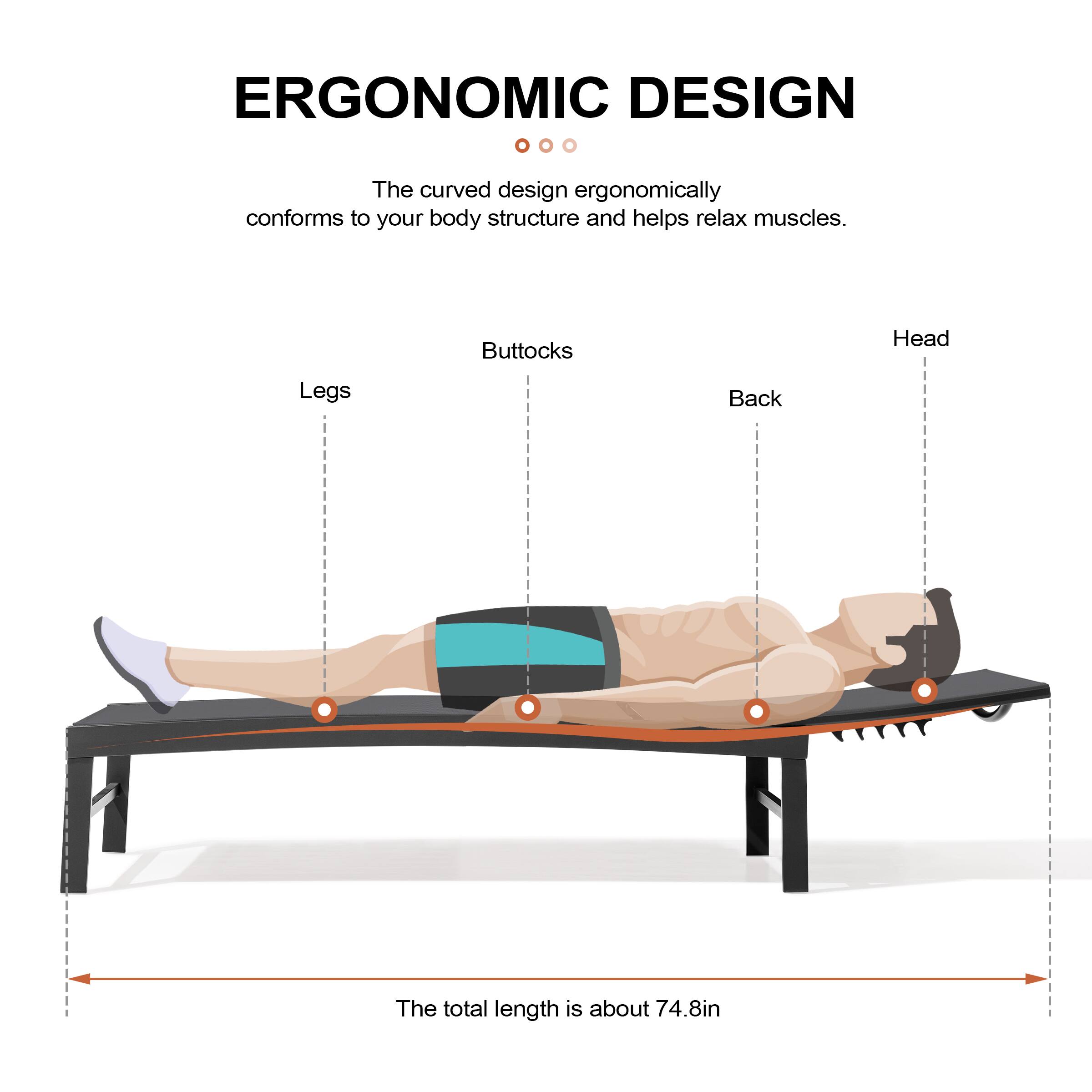 ERGONOMIC DESIGN

The curved design ergonomically conforms to your body structure and helps relax muscles.

Buttocks
Legs
Back
Head

The total length is about 74.8in