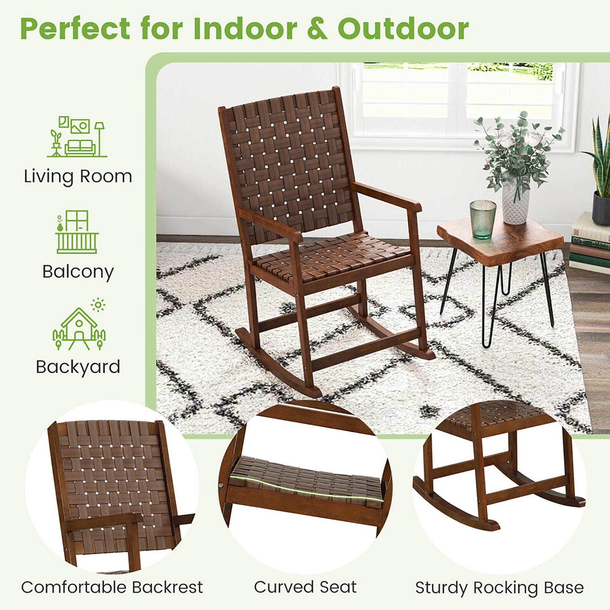 Perfect for Indoor & Outdoor

Living Room  
Balcony  
Backyard

Comfortable Backrest  
Curved Seat  
Sturdy Rocking Base