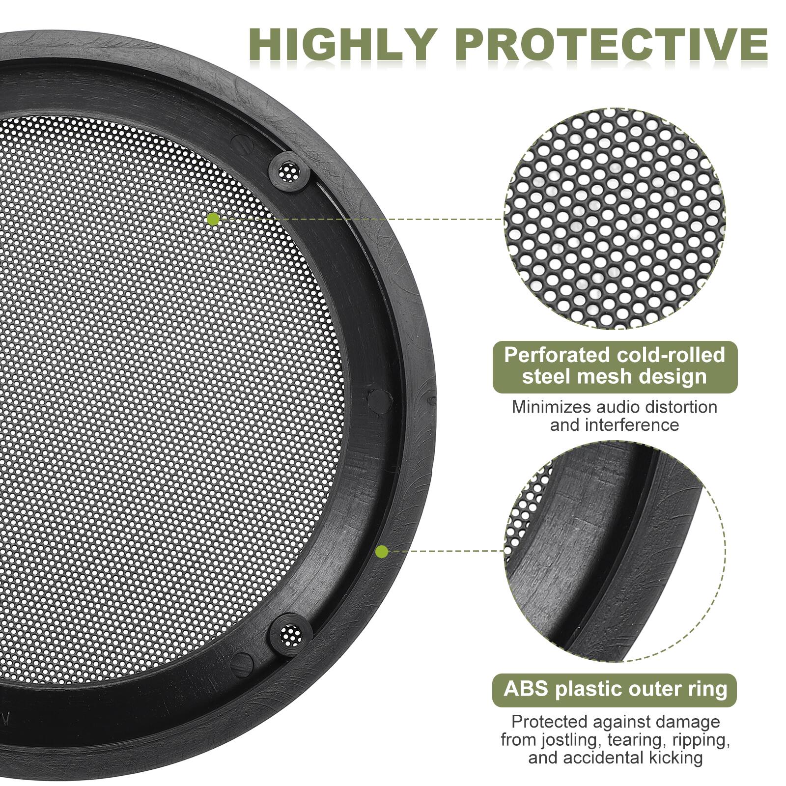 HIGHLY PROTECTIVE

- Perforated cold-rolled steel mesh design
  - Minimizes audio distortion and interference

- ABS plastic outer ring
  - Protected against damage from jostling, tearing, ripping, and accidental kicking