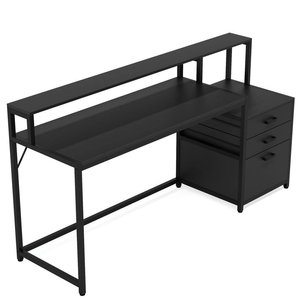 Back. Resenkos - Kadyn Study Writing Desk, Computer Desk,63" Computer Desk, Ergonomic Office Desk with Drawers & Monitor Stand,Black - Black.