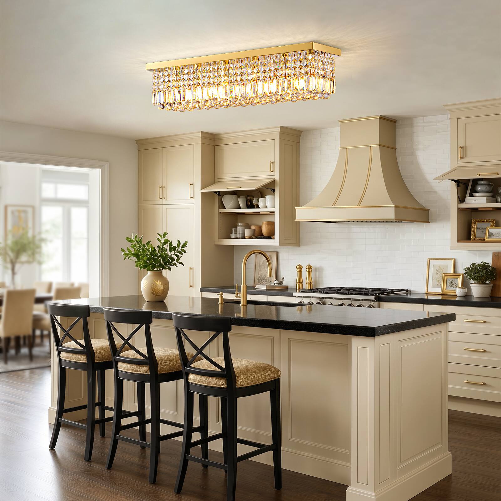 Left. Siljoy - 31.5" 6-Light Gold Linear K9 Crystal Chandelier, Flush Mount Dimmable E12 Ceiling Light for Dining Kitchen Living Room - Gold.