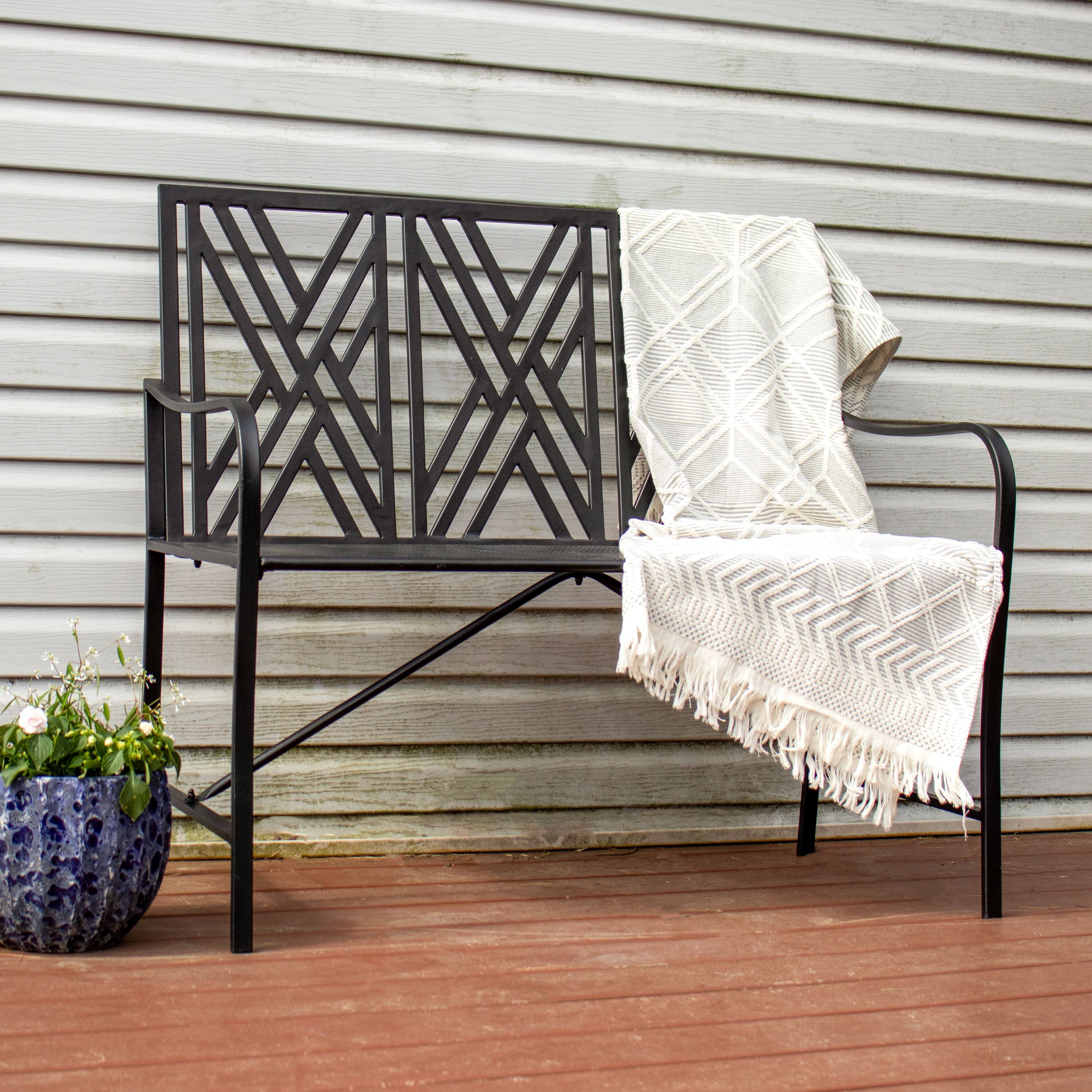 Alt View 2. Sunnydaze - 2-Person Geometric Lattice Iron Outdoor Garden Bench - Black.