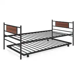 Costway - Twin Metal Daybed Frame with Trundle Bed Set Platform Sofa Bed Black - Black,Brown
