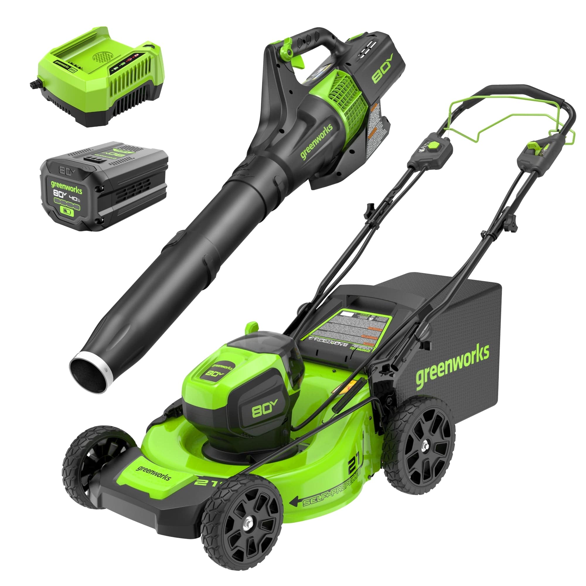"Greenworks - 80V 21"" Self-Propelled Mower/580CFM Blower Combo kit with 4Ah Battery and 4A Rapid Charger - Green" price history on PriceWatchPro