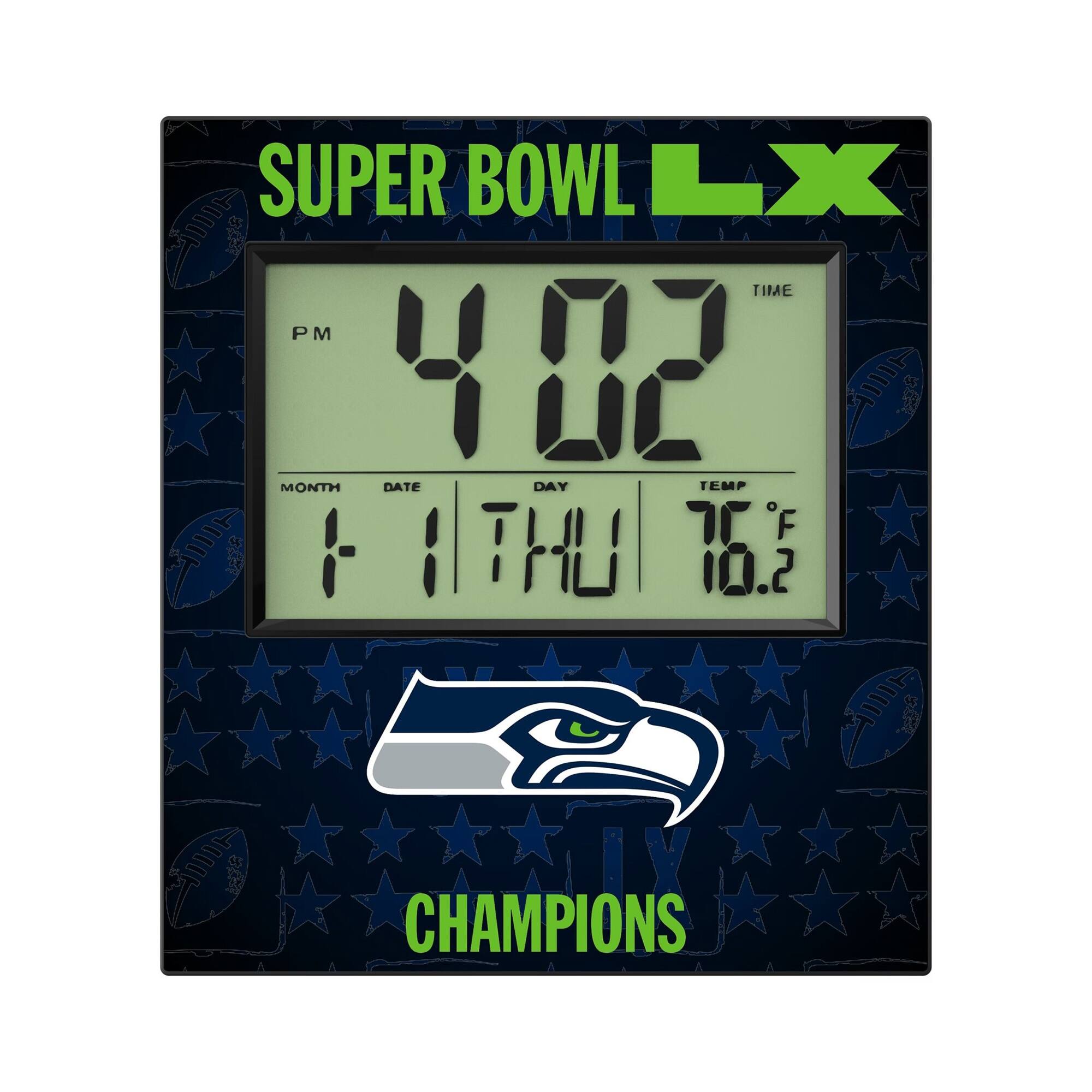 SUPER BOWL LX  
TIME: 4:02 PM  
MONTH: 1  
DATE: 11  
DAY: THU  
TEMP: 76.2°F  
CHAMPIONS