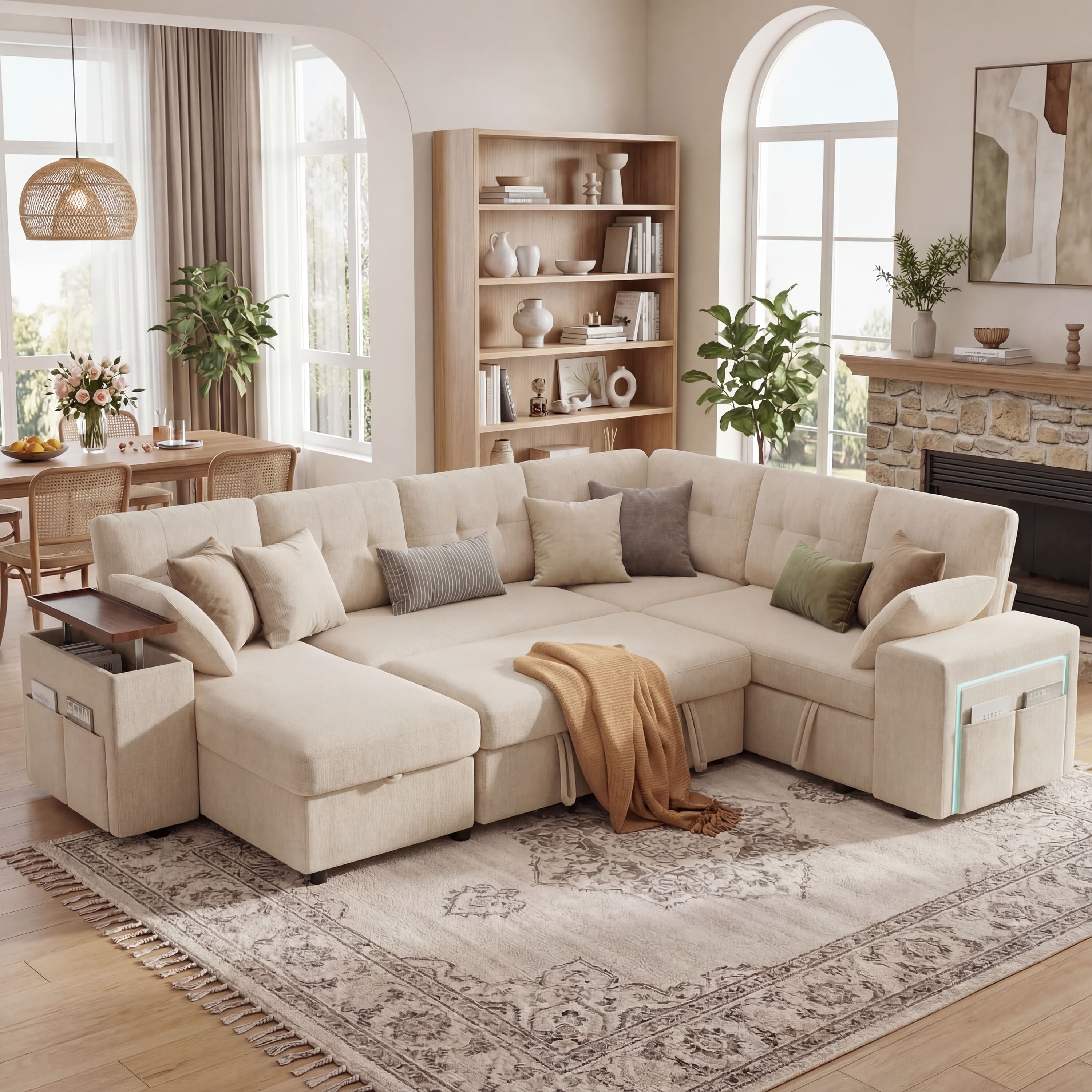 Dyonery - 7-Seat Modular Sectional Sleeper Sofa with Pull-Out Bed, Reclining Backrest, USB Ports, Table, LED Lights,Beige - Beige
