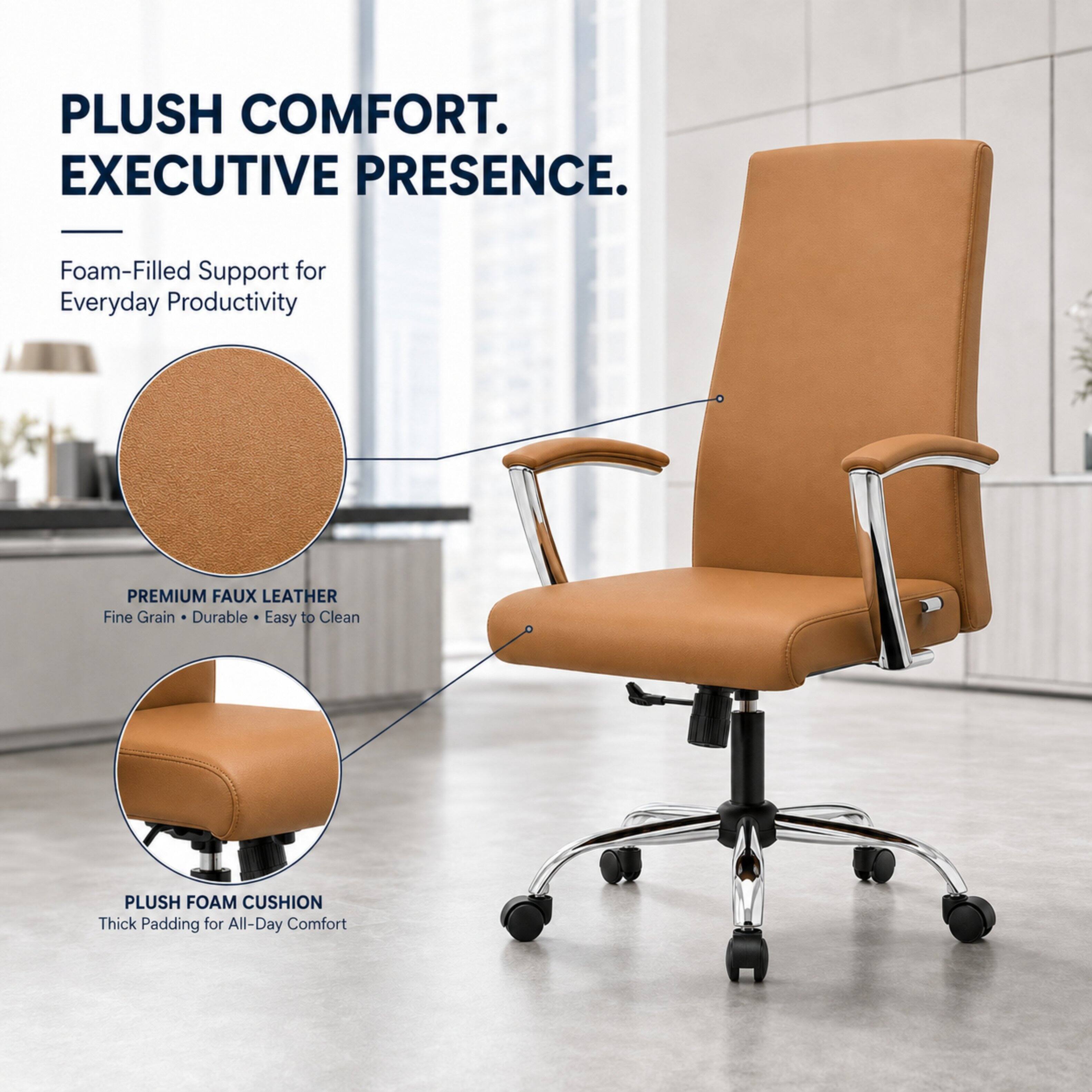 PLUSH COMFORT. EXECUTIVE PRESENCE.

Foam-Filled Support for Everyday Productivity

PREMIUM FAUX LEATHER
Fine Grain • Durable • Easy to Clean

PLUSH FOAM CUSHION
Thick Padding for All-Day Comfort