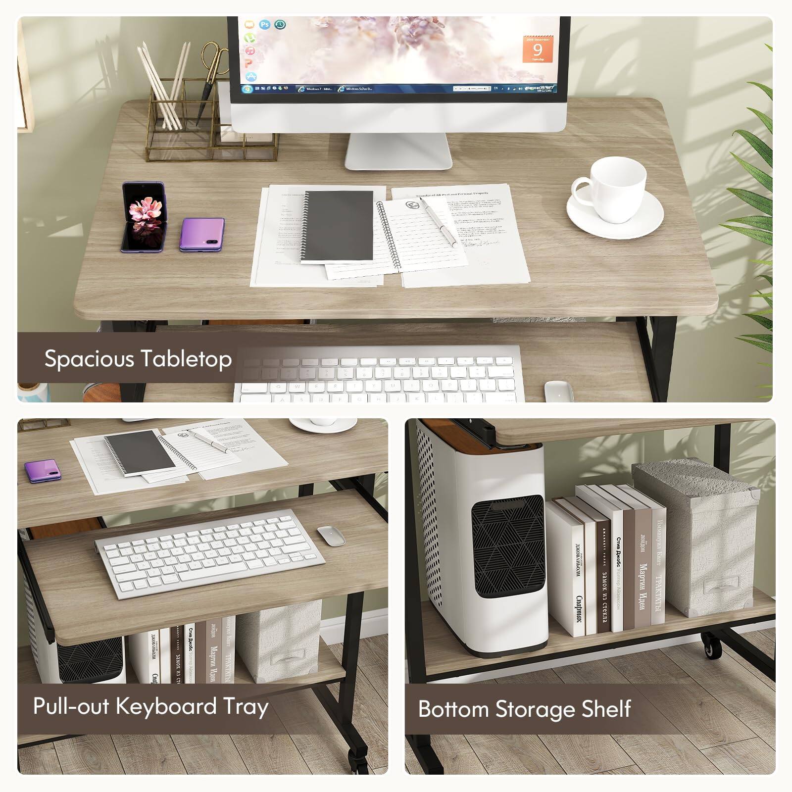 - Spacious Tabletop
- Pull-out Keyboard Tray
- Bottom Storage Shelf